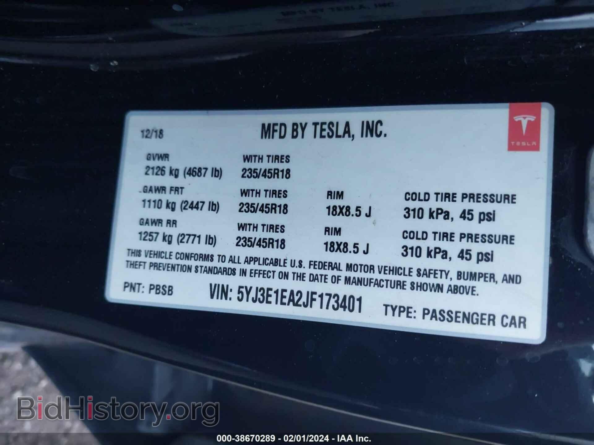 2018 TESLA MODEL 3 - VIN: 5YJ3E1EA2JF173401 - Фото 9