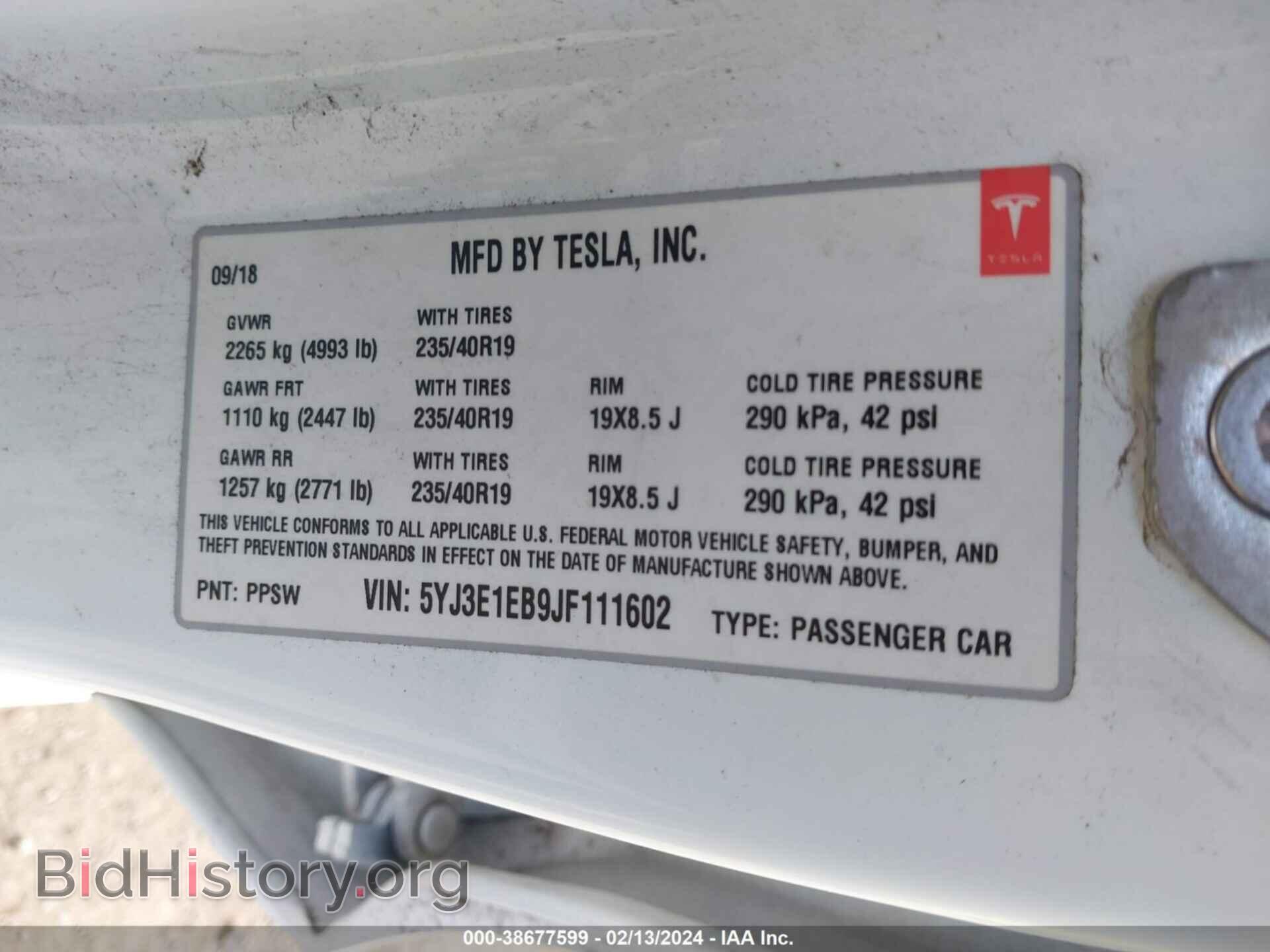 2018 TESLA MODEL 3 - VIN: 5YJ3E1EB9JF111602 - Фото 9