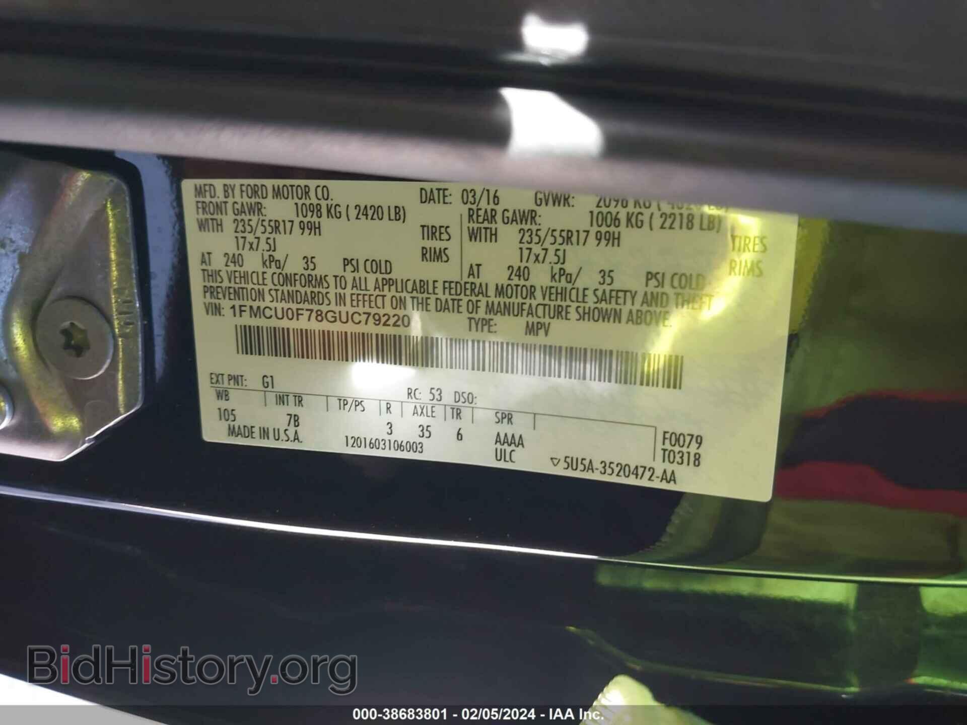2016 FORD ESCAPE - VIN: 1FMCU0F78GUC79220 - Photo 9