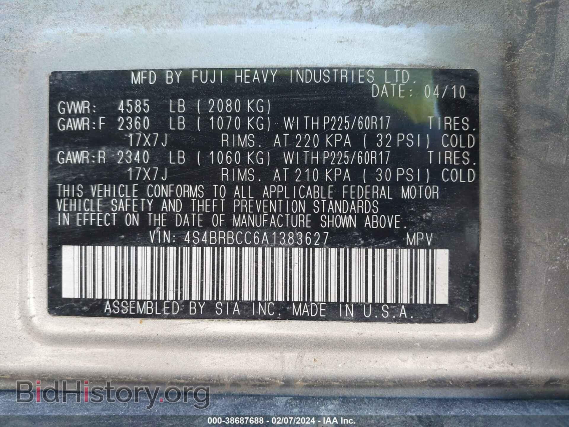 2010 SUBARU OUTBACK - VIN: 4S4BRBCC6A1383627 - Фото 9