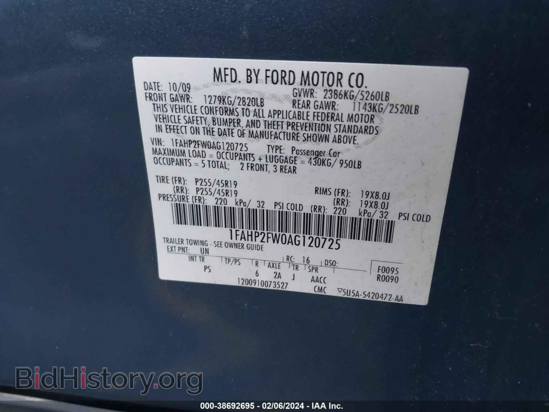 2010 FORD TAURUS - VIN: 1FAHP2FW0AG120725 - Фото 9