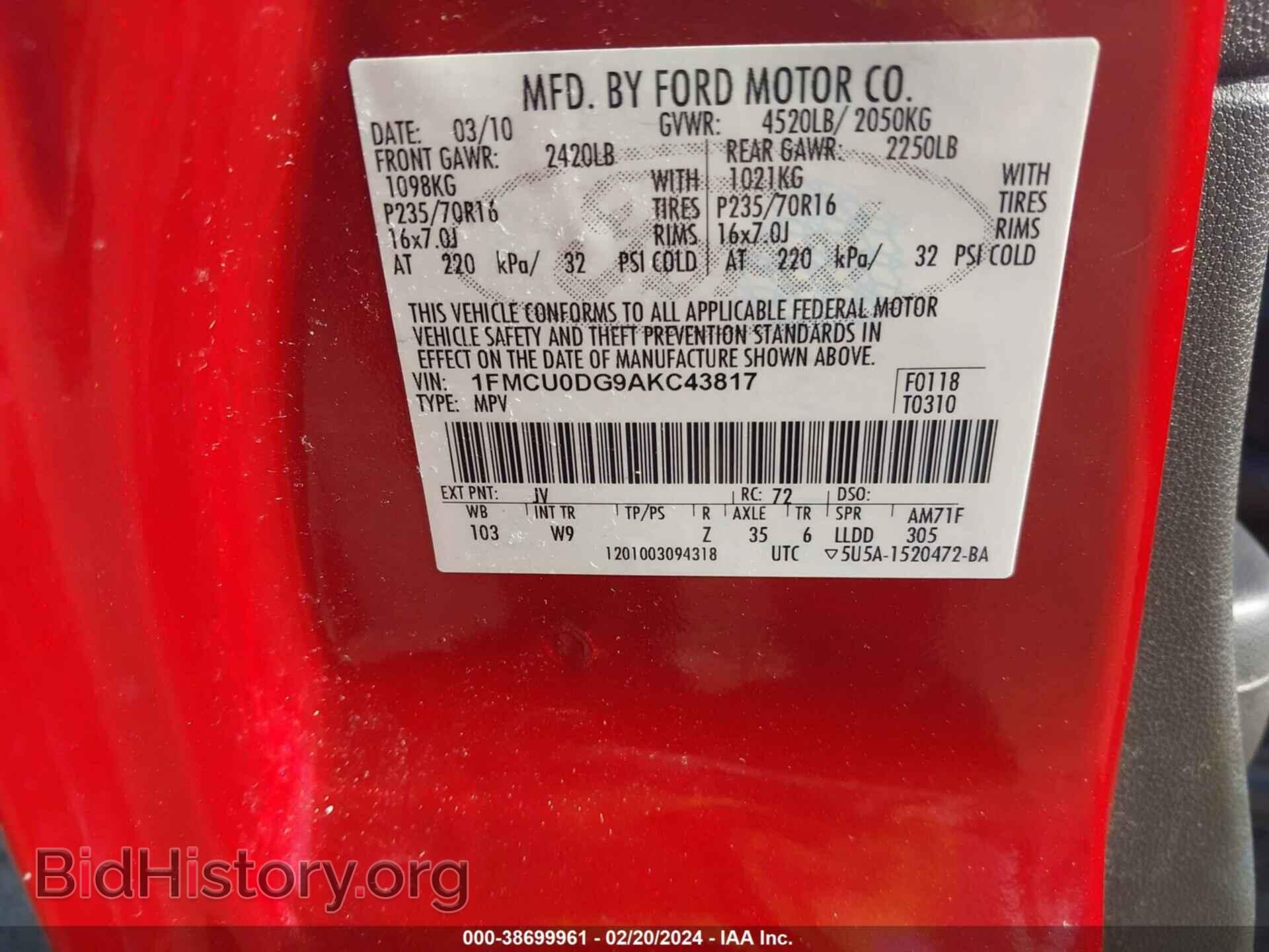 2010 FORD ESCAPE - VIN: 1FMCU0DG9AKC43817 - Фото 9