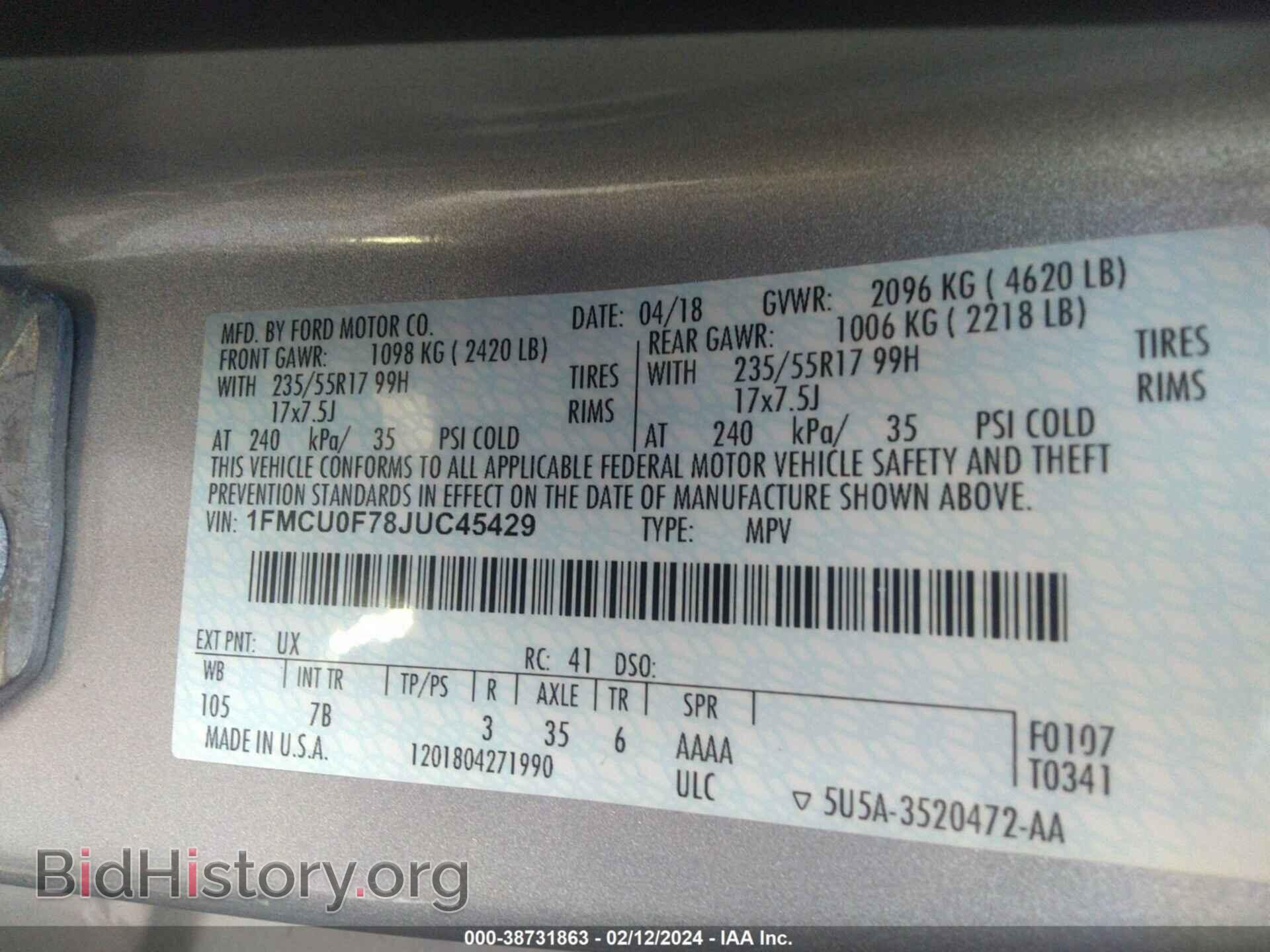 2018 FORD ESCAPE - VIN: 1FMCU0F78JUC45429 - Фото 9