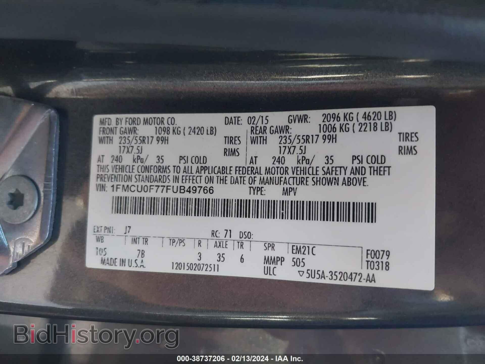 2015 FORD ESCAPE - VIN: 1FMCU0F77FUB49766 - Фото 9