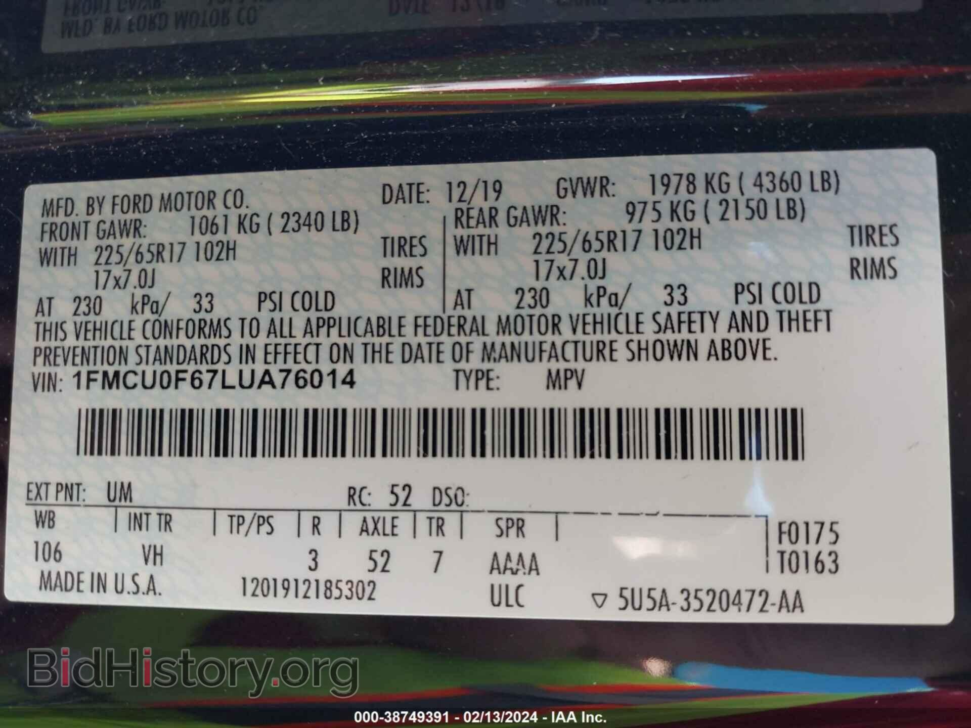 2020 FORD ESCAPE - VIN: 1FMCU0F67LUA76014 - Photo 9