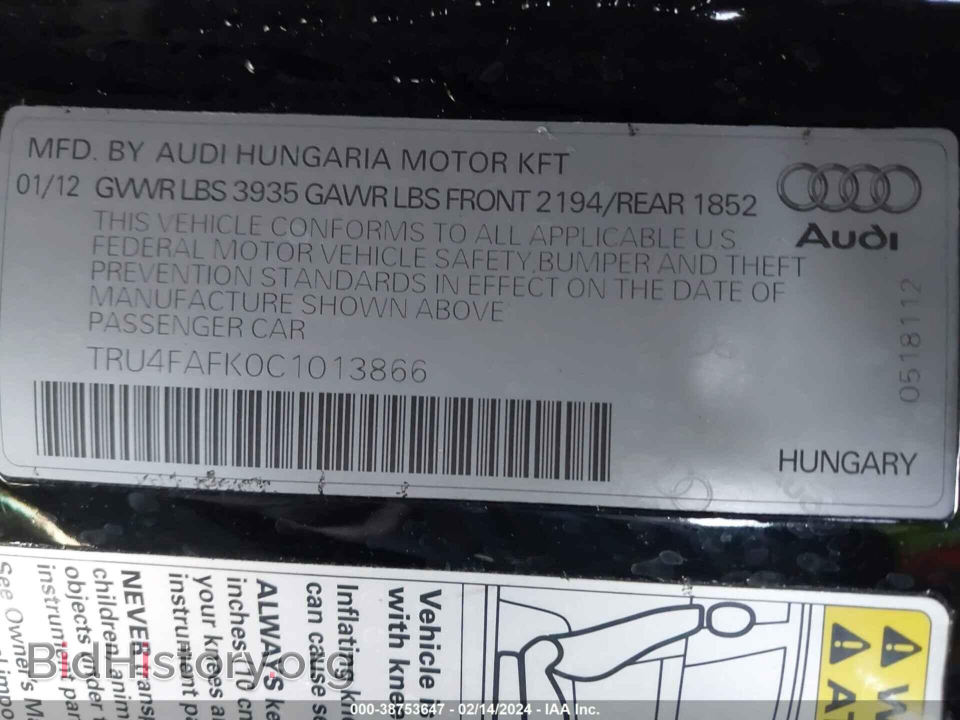 2012 AUDI TT - VIN: TRU4FAFK0C1013866 - Фото 9