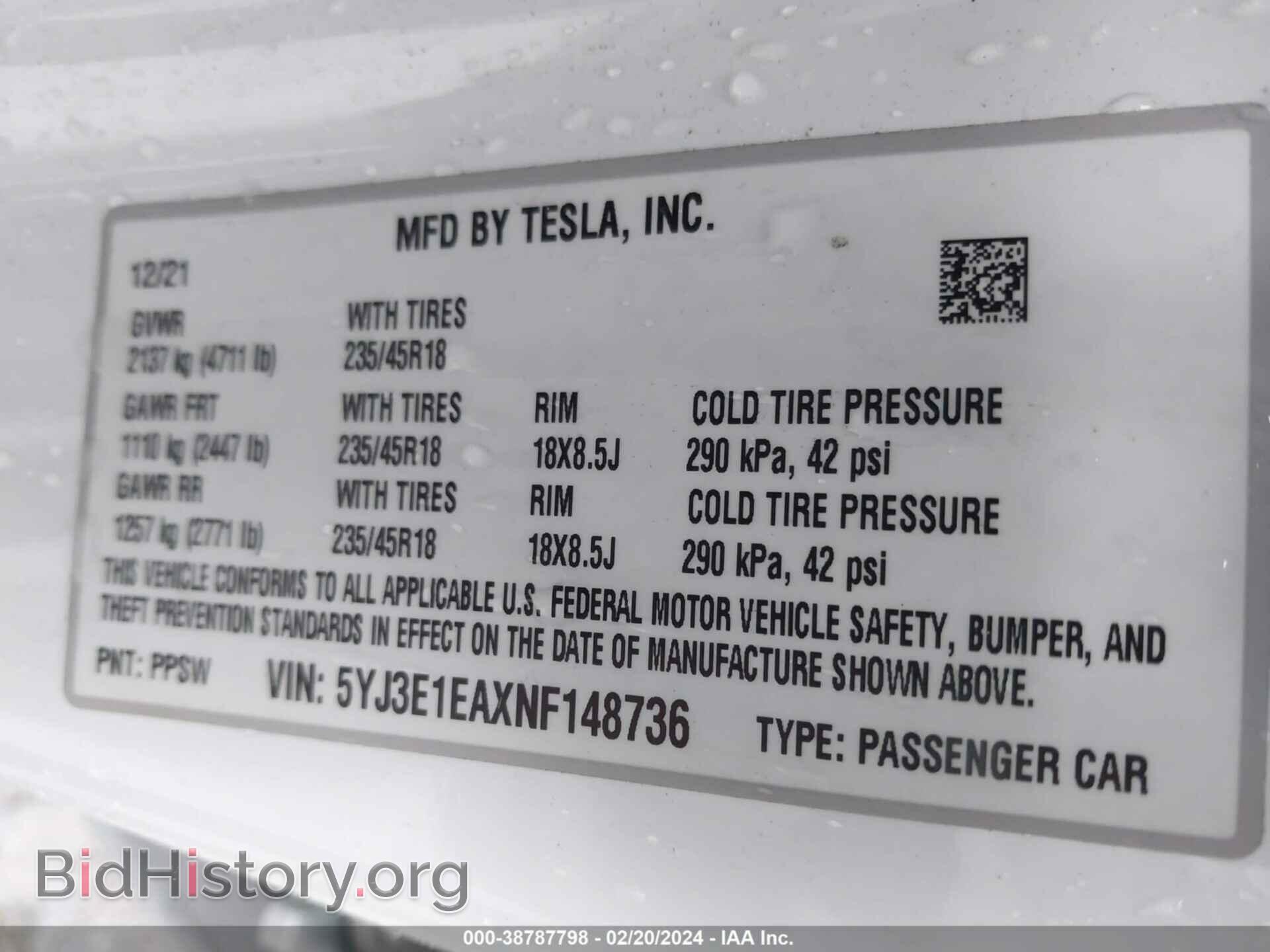 2022 TESLA MODEL 3 - VIN: 5YJ3E1EAXNF148736 - Фото 9