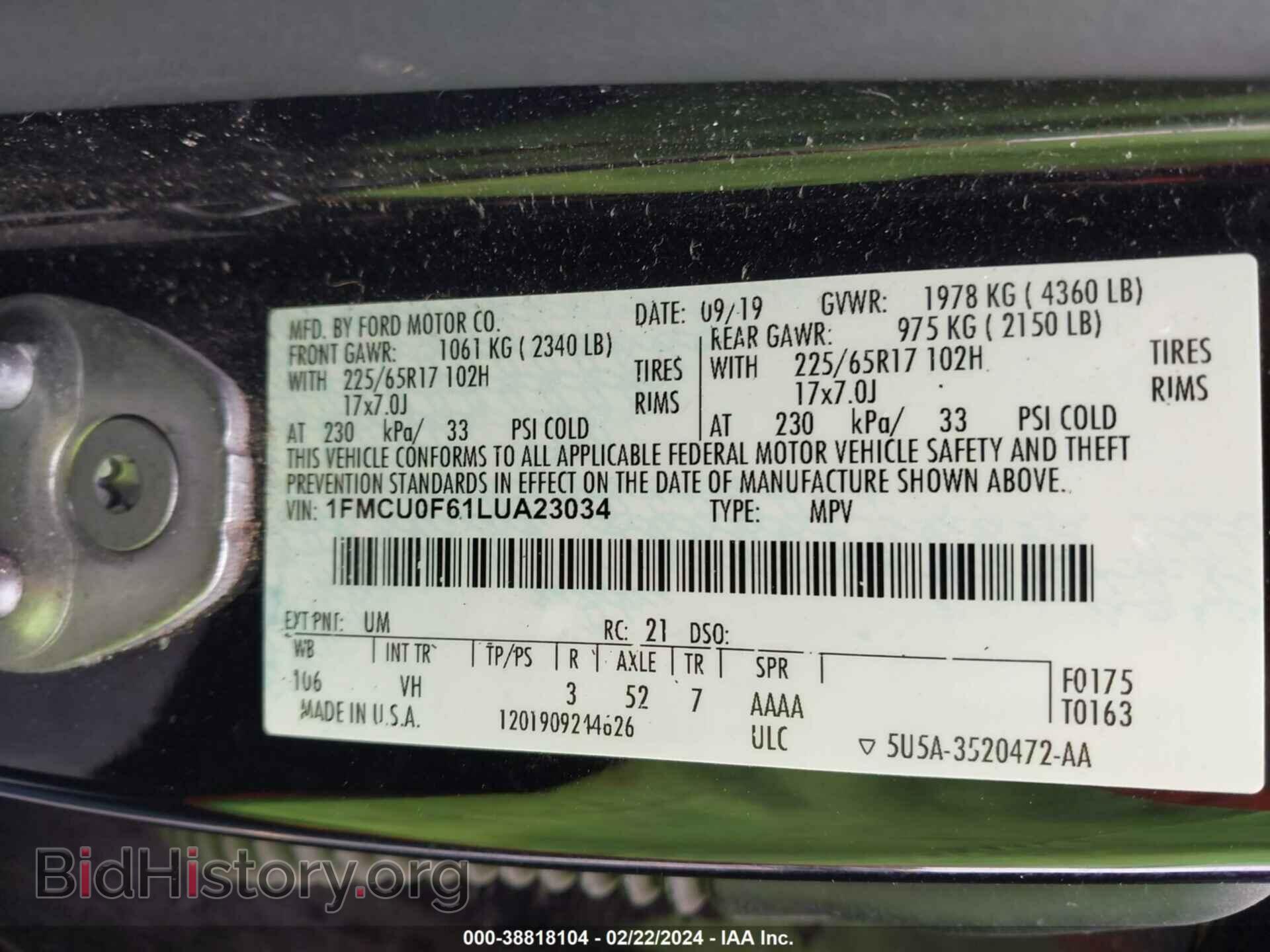 2020 FORD ESCAPE - VIN: 1FMCU0F61LUA23034 - Фото 9