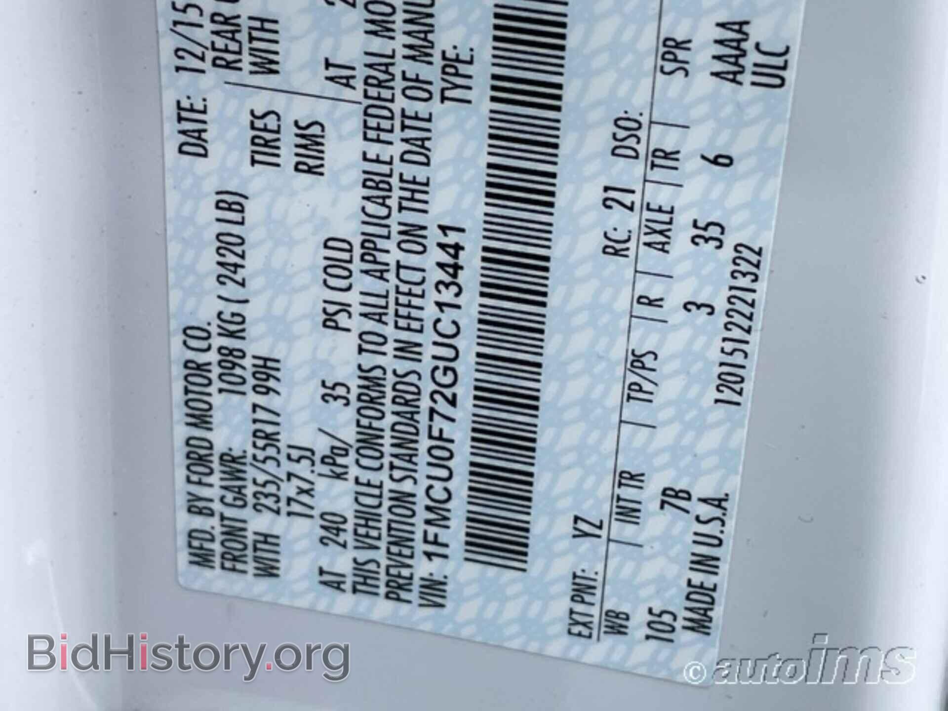 Photo 1FMCU0F72GUC13441 - FORD ESCAPE 2016