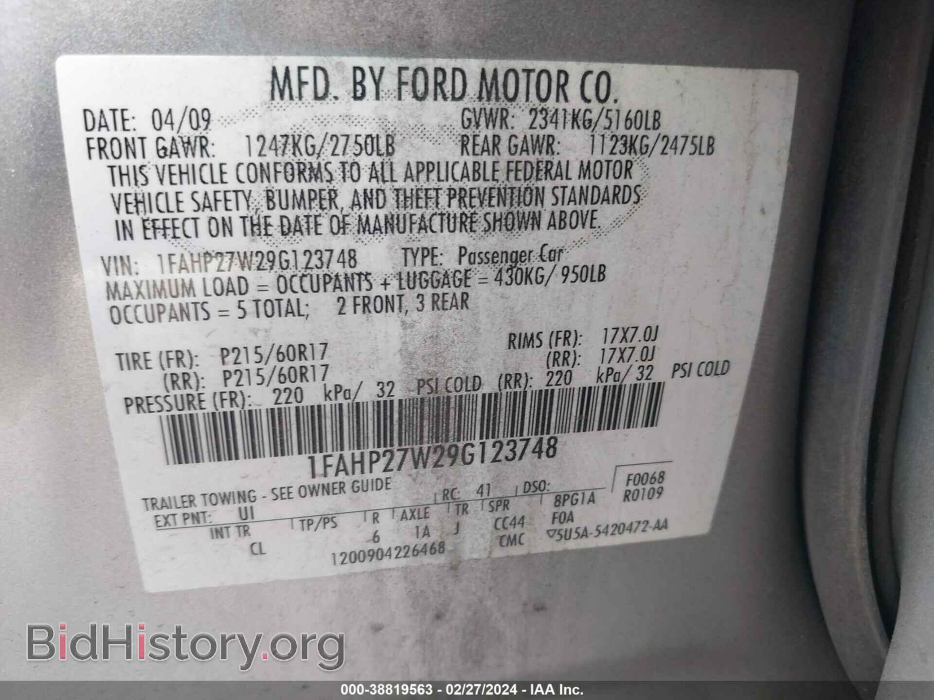 2009 FORD TAURUS - VIN: 1FAHP27W29G123748 - Photo 9