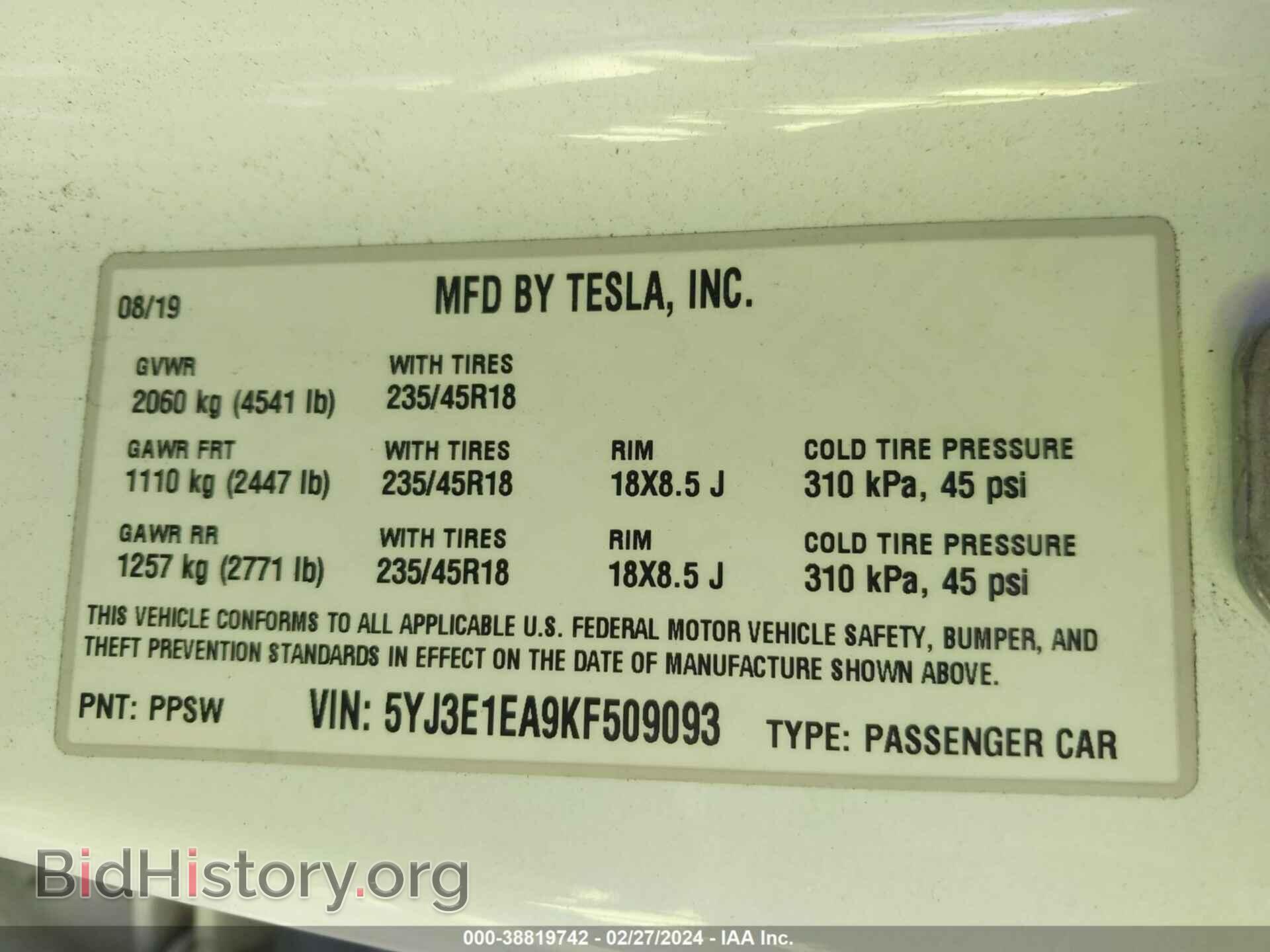 2019 TESLA MODEL 3 - VIN: 5YJ3E1EA9KF509093 - Фото 9
