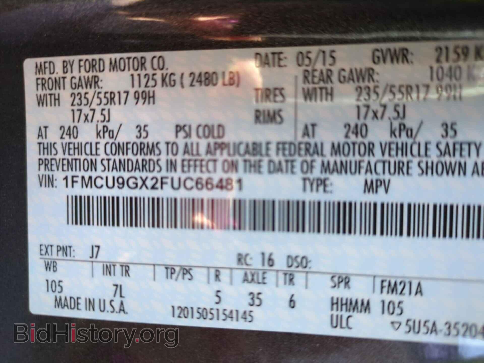 2015 FORD ESCAPE - VIN: 1FMCU9GX2FUC66481 - Фото 10