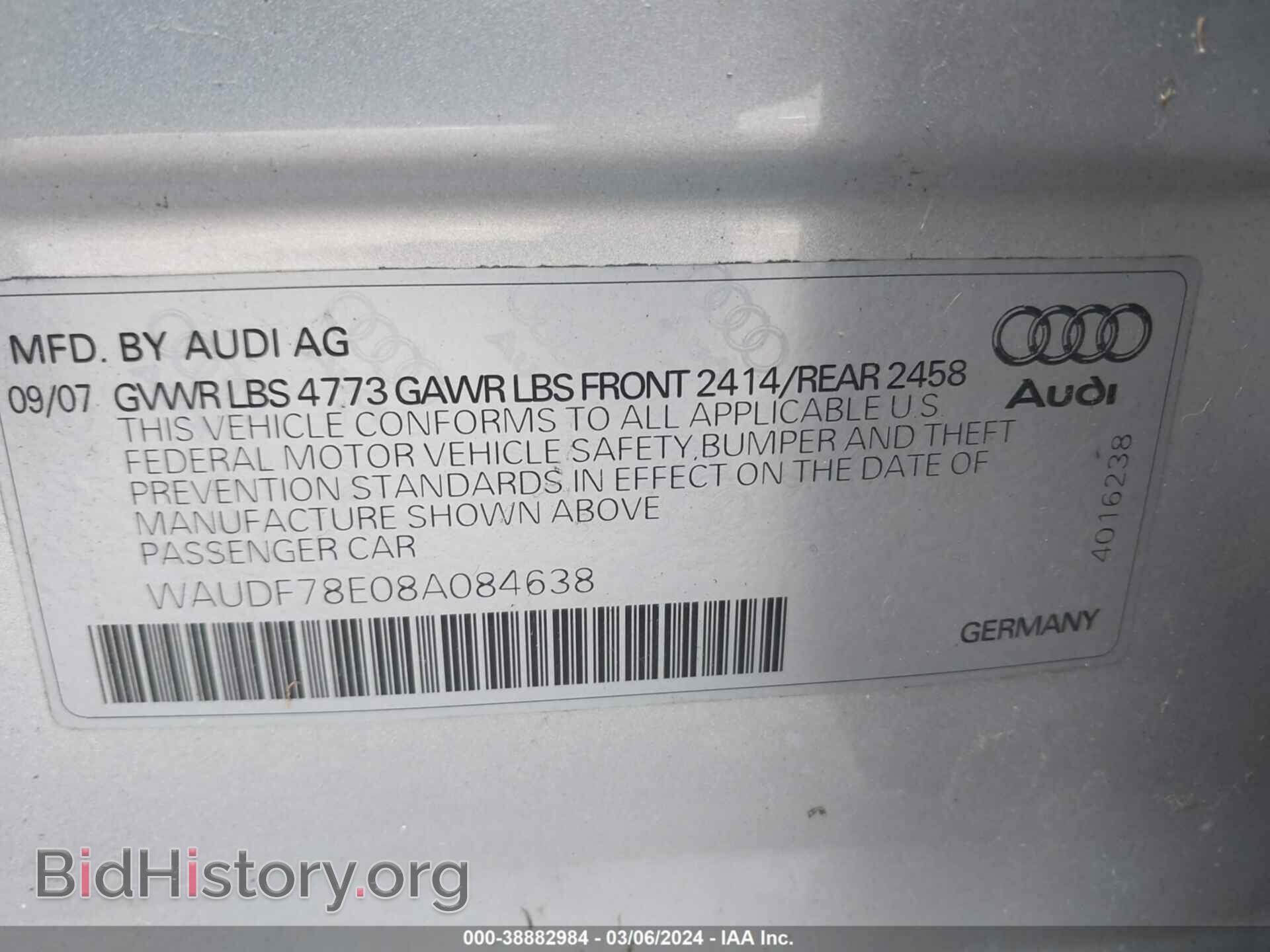 2008 AUDI A4 - VIN: WAUDF78E08A084638 - Фото 9