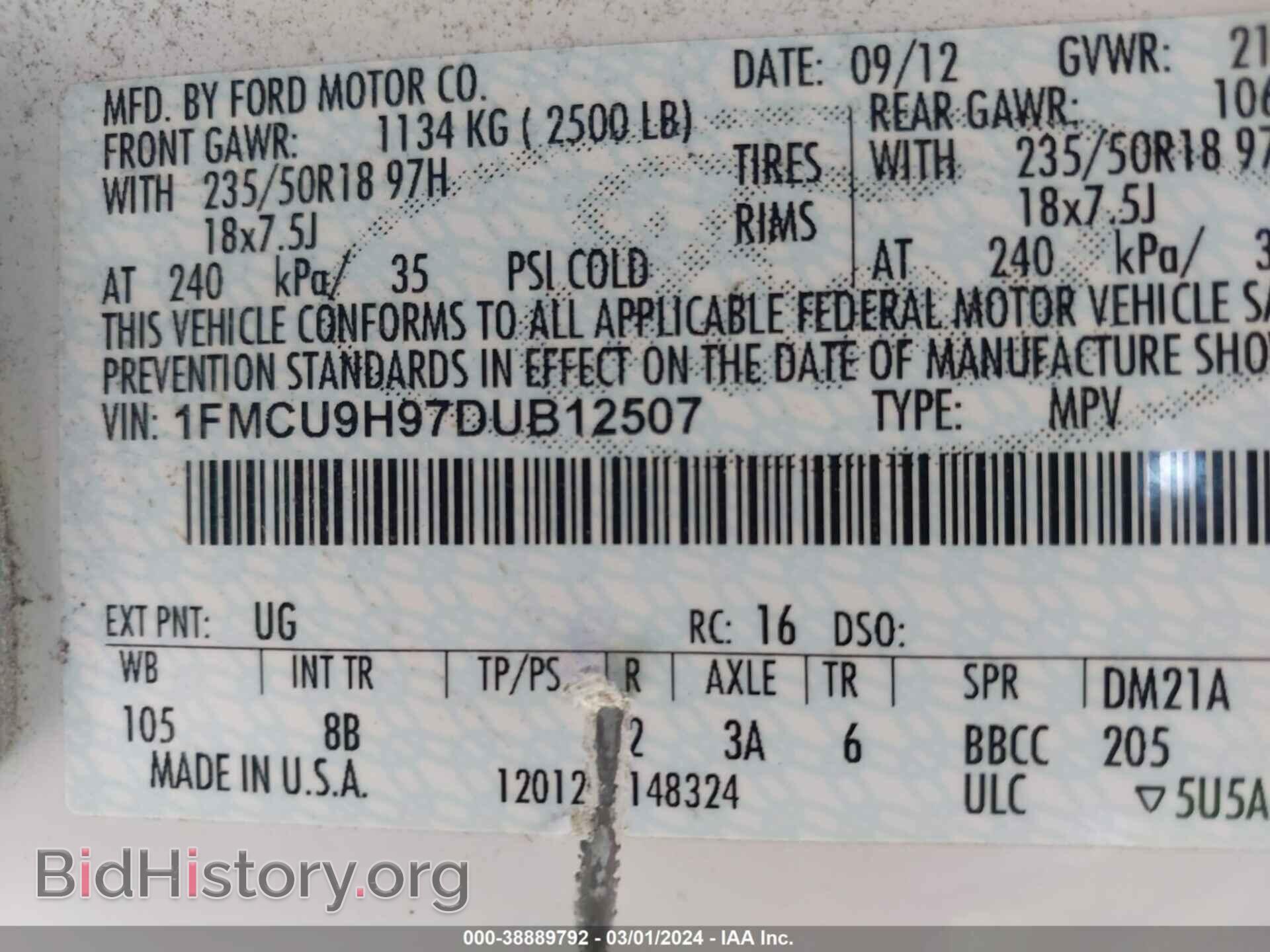 2013 FORD ESCAPE - VIN: 1FMCU9H97DUB12507 - Photo 9