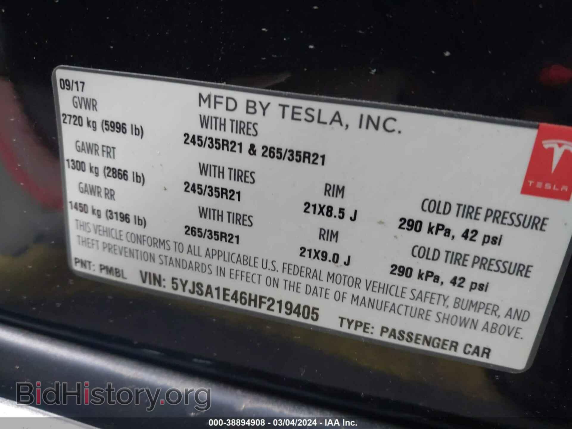 2017 TESLA MODEL S - VIN: 5YJSA1E46HF219405 - Фото 9