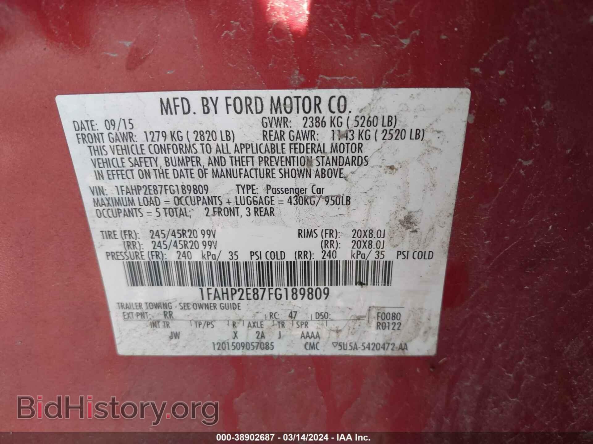 2015 FORD TAURUS - VIN: 1FAHP2E87FG189809 - Фото 9