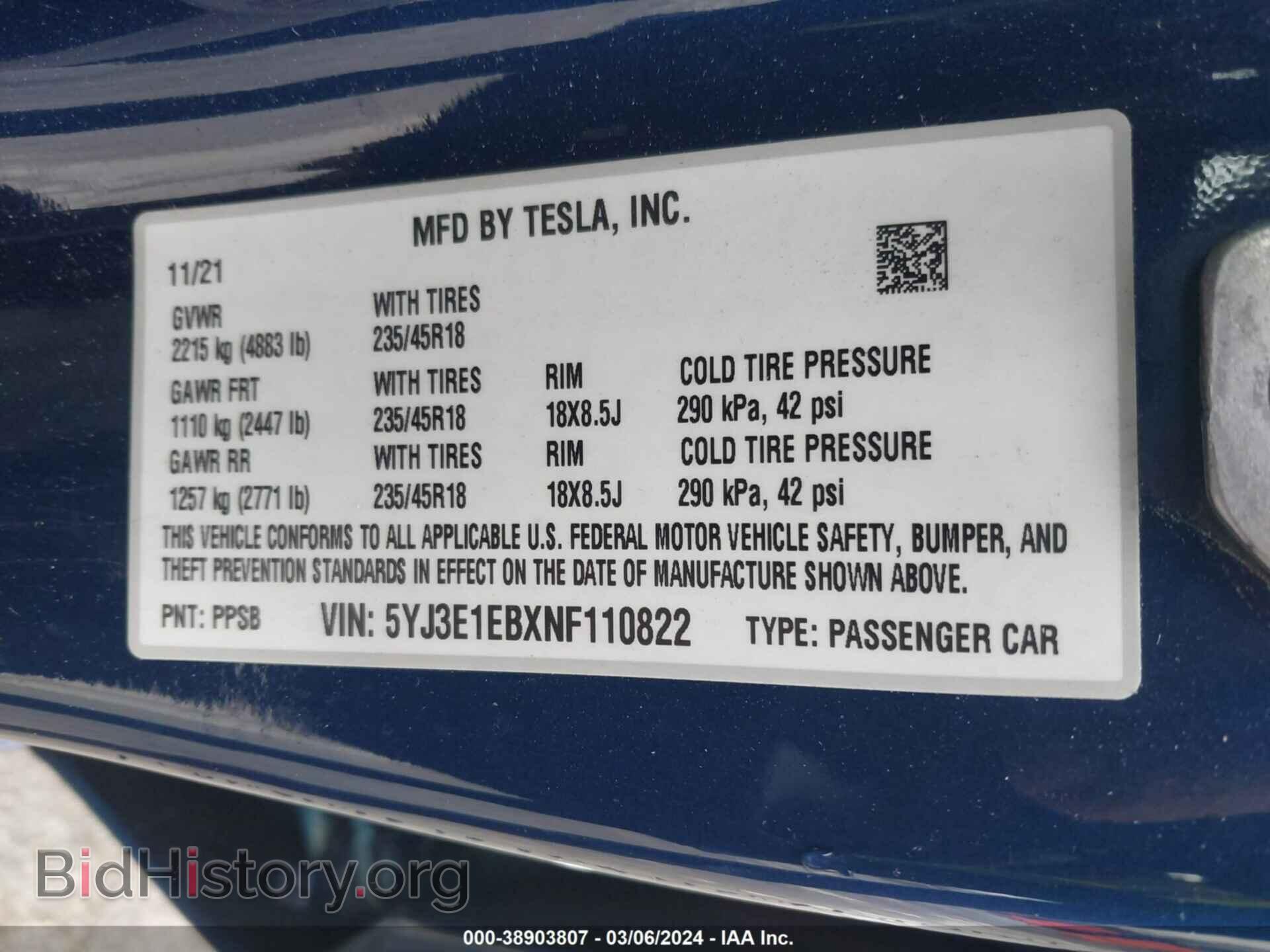 2022 TESLA MODEL 3 - VIN: 5YJ3E1EBXNF110822 - Фото 9