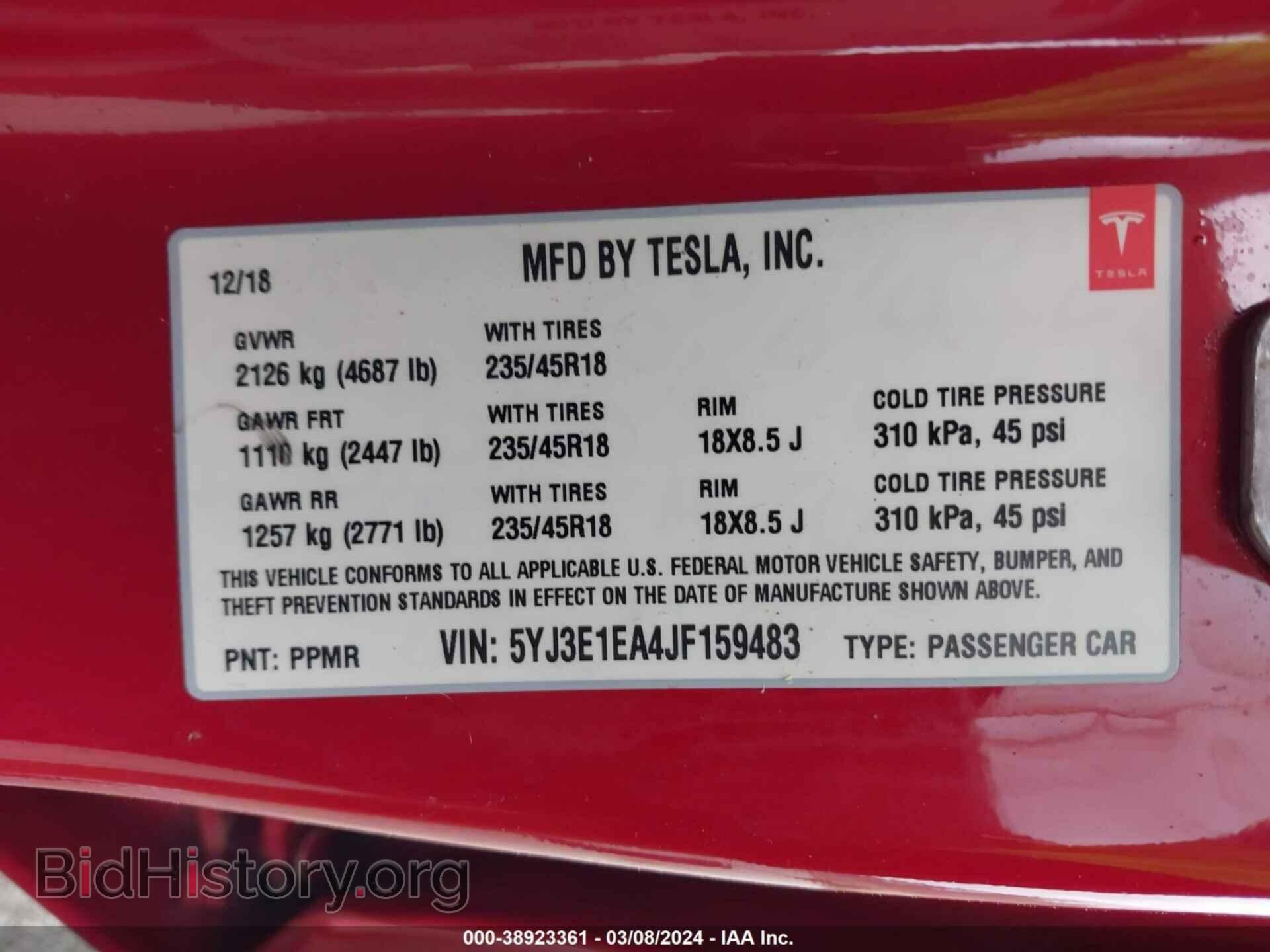 2018 TESLA MODEL 3 - VIN: 5YJ3E1EA4JF159483 - Фото 9