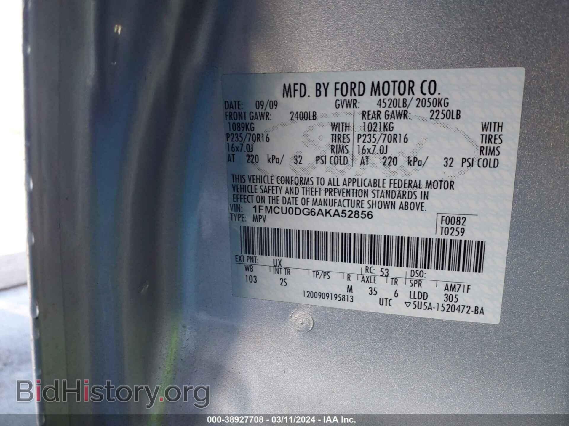 2010 FORD ESCAPE - VIN: 1FMCU0DG6AKA52856 - Фото 9