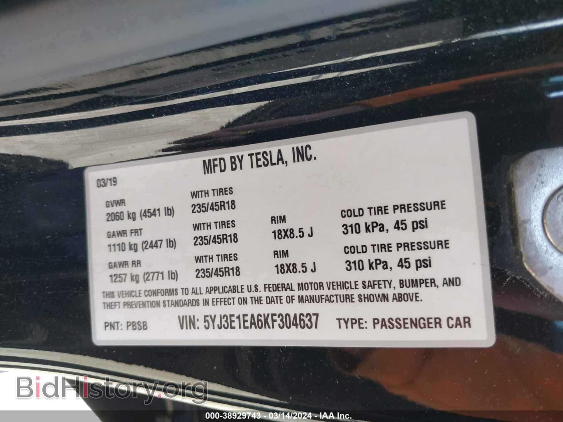 2019 TESLA MODEL 3 - VIN: 5YJ3E1EA6KF304637 - Фото 9