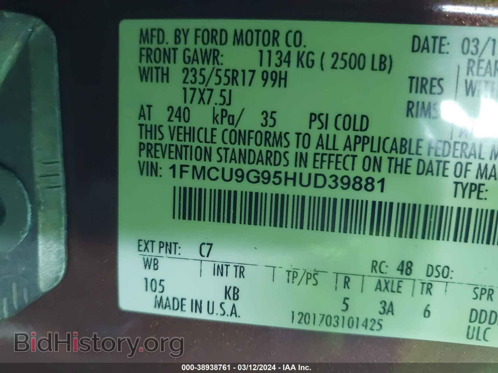 2017 FORD ESCAPE - VIN: 1FMCU9G95HUD39881 - Фото 9