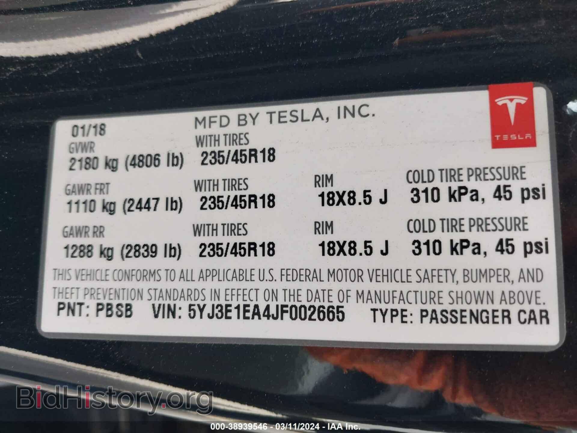 2018 TESLA MODEL 3 - VIN: 5YJ3E1EA4JF002665 - Фото 9