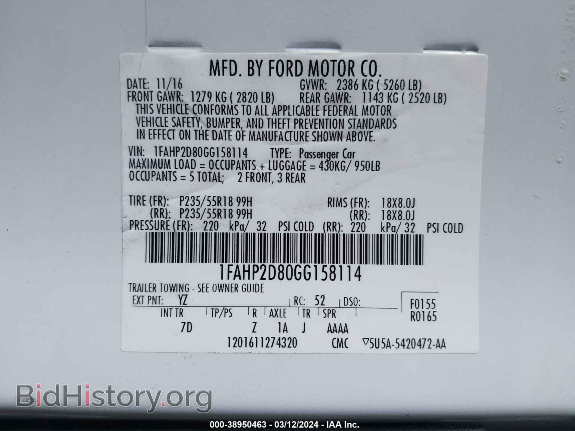 2016 FORD TAURUS - VIN: 1FAHP2D80GG158114 - Фото 9