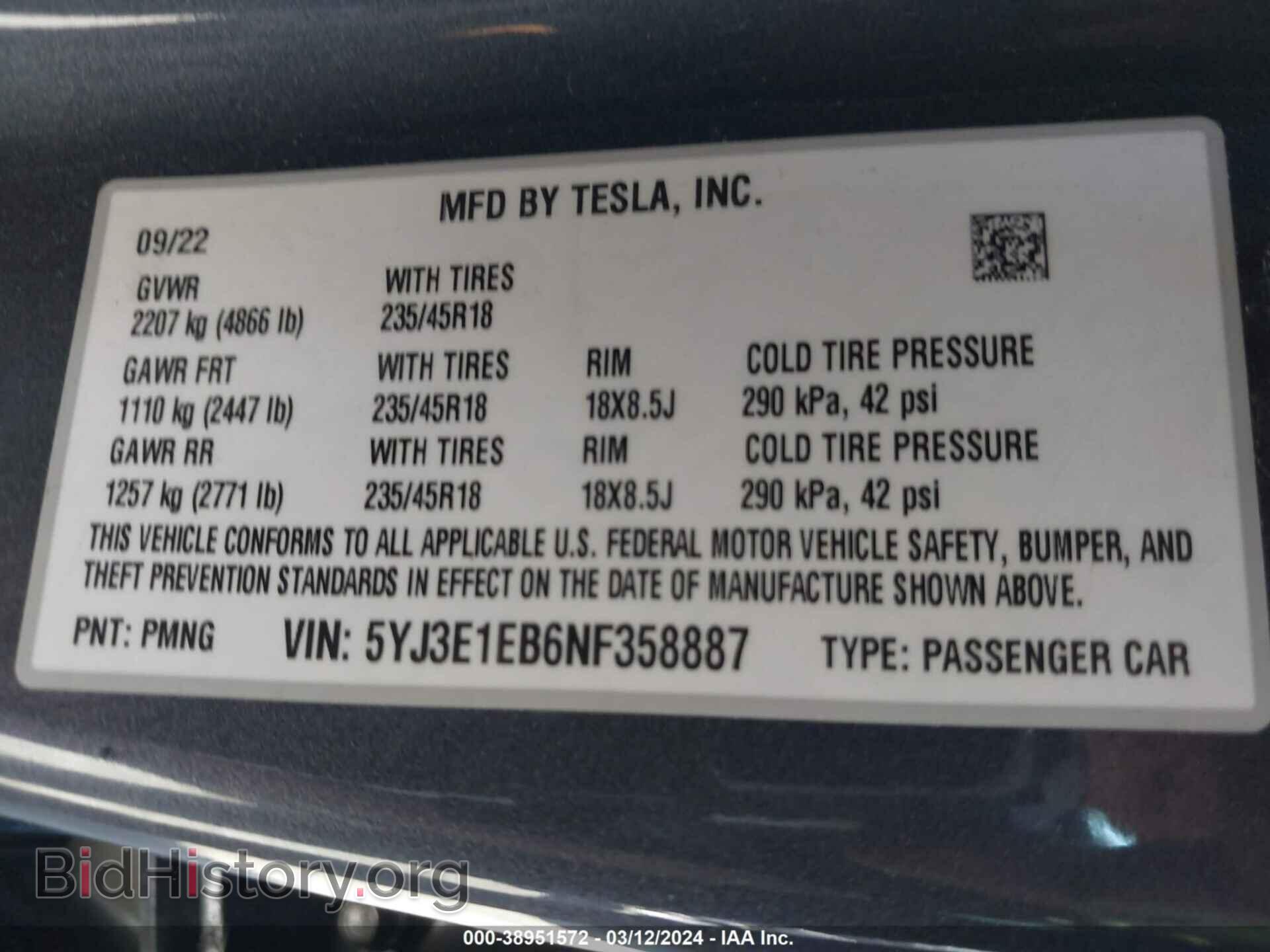 2022 TESLA MODEL 3 - VIN: 5YJ3E1EB6NF358887 - Фото 9