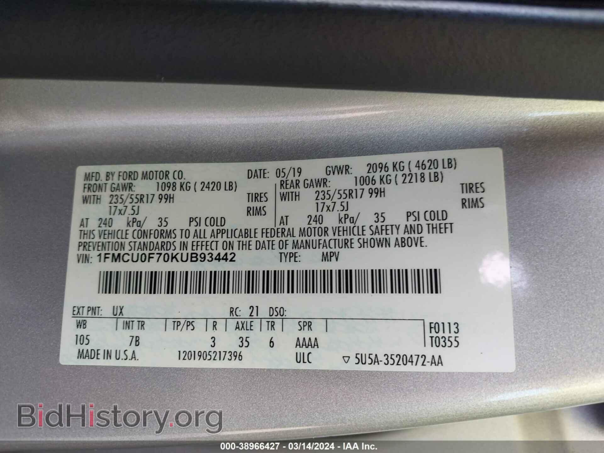 2019 FORD ESCAPE - VIN: 1FMCU0F70KUB93442 - Фото 9