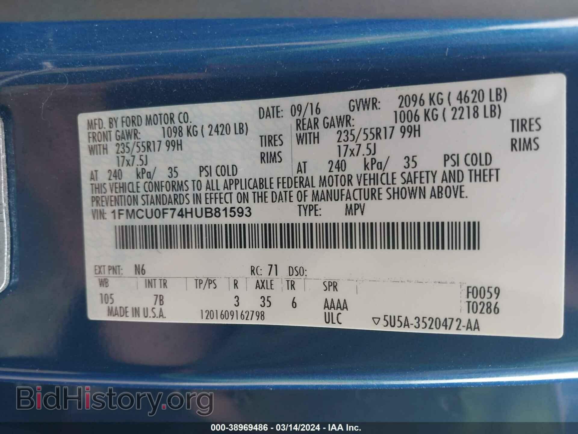 2017 FORD ESCAPE - VIN: 1FMCU0F74HUB81593 - Photo 9