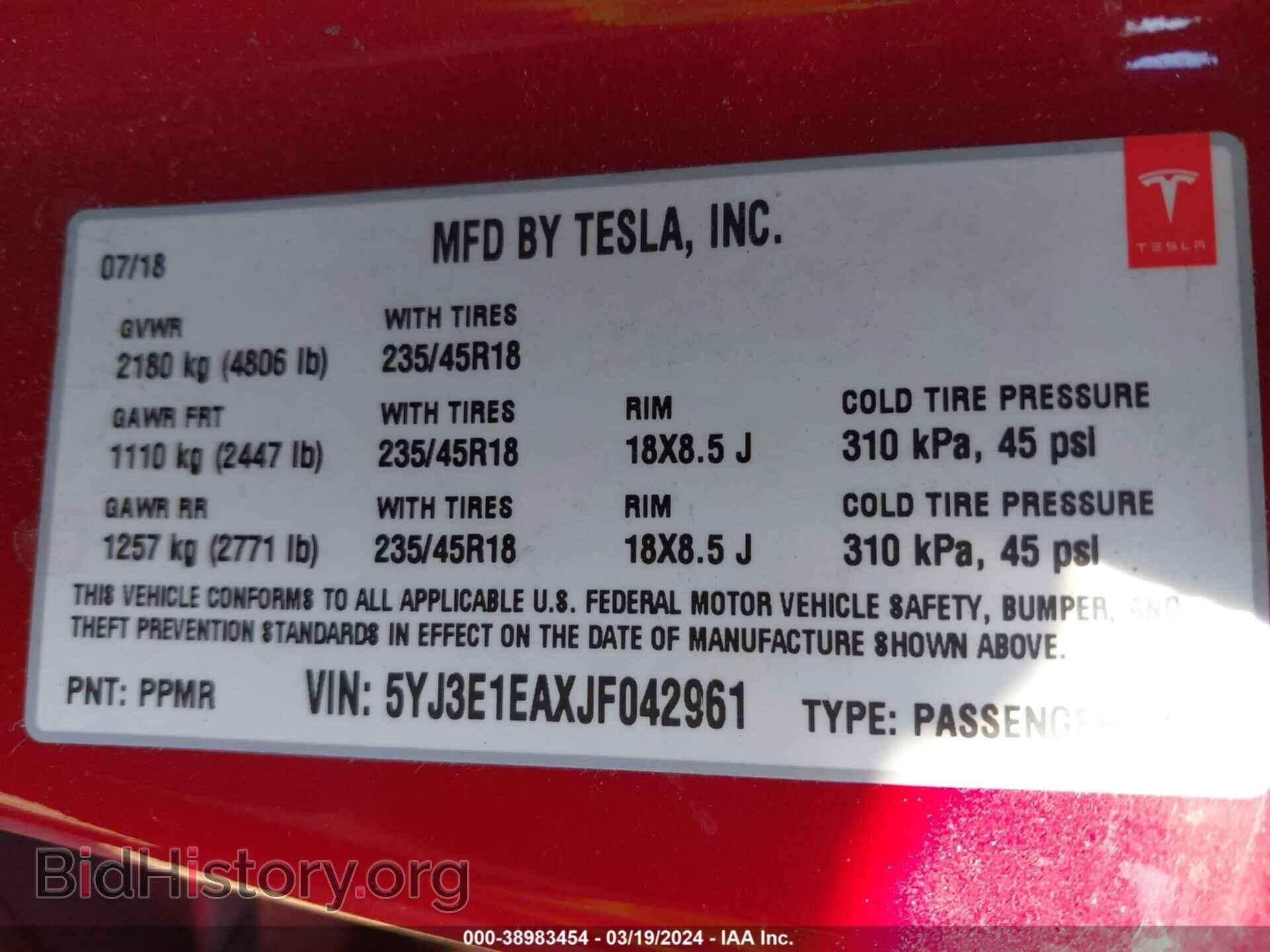 2018 TESLA MODEL 3 - VIN: 5YJ3E1EAXJF042961 - Фото 9