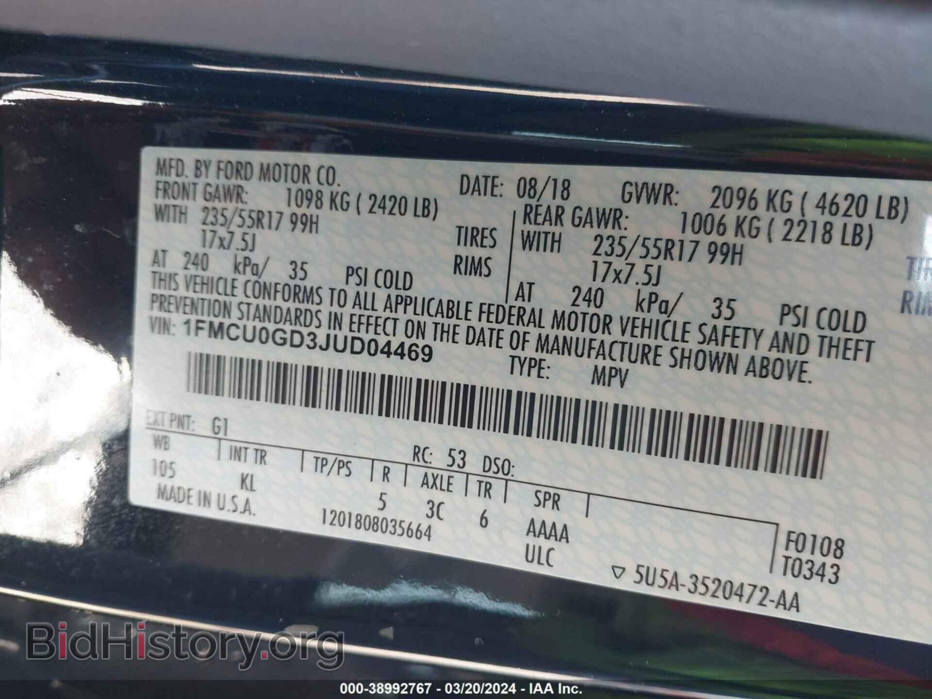 2018 FORD ESCAPE - VIN: 1FMCU0GD3JUD04469 - Фото 9
