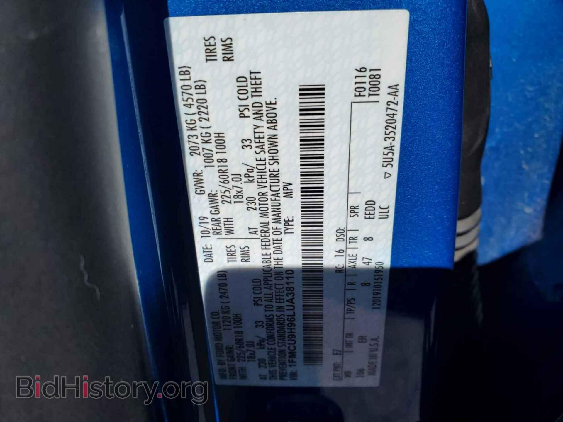 Photo 1FMCU9H96LUA38110 - FORD ESCAPE 2020