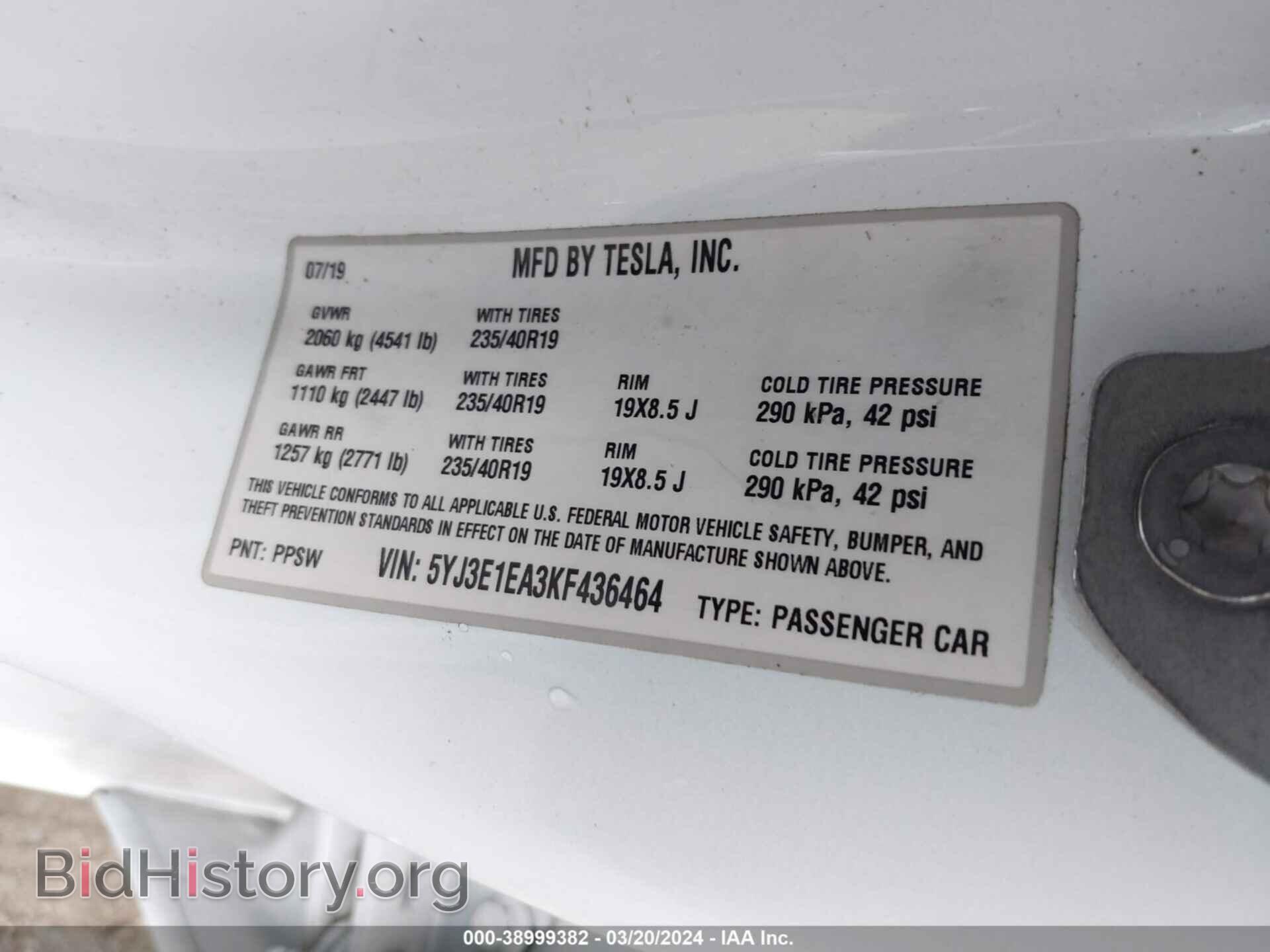 2019 TESLA MODEL 3 - VIN: 5YJ3E1EA3KF436464 - Фото 9