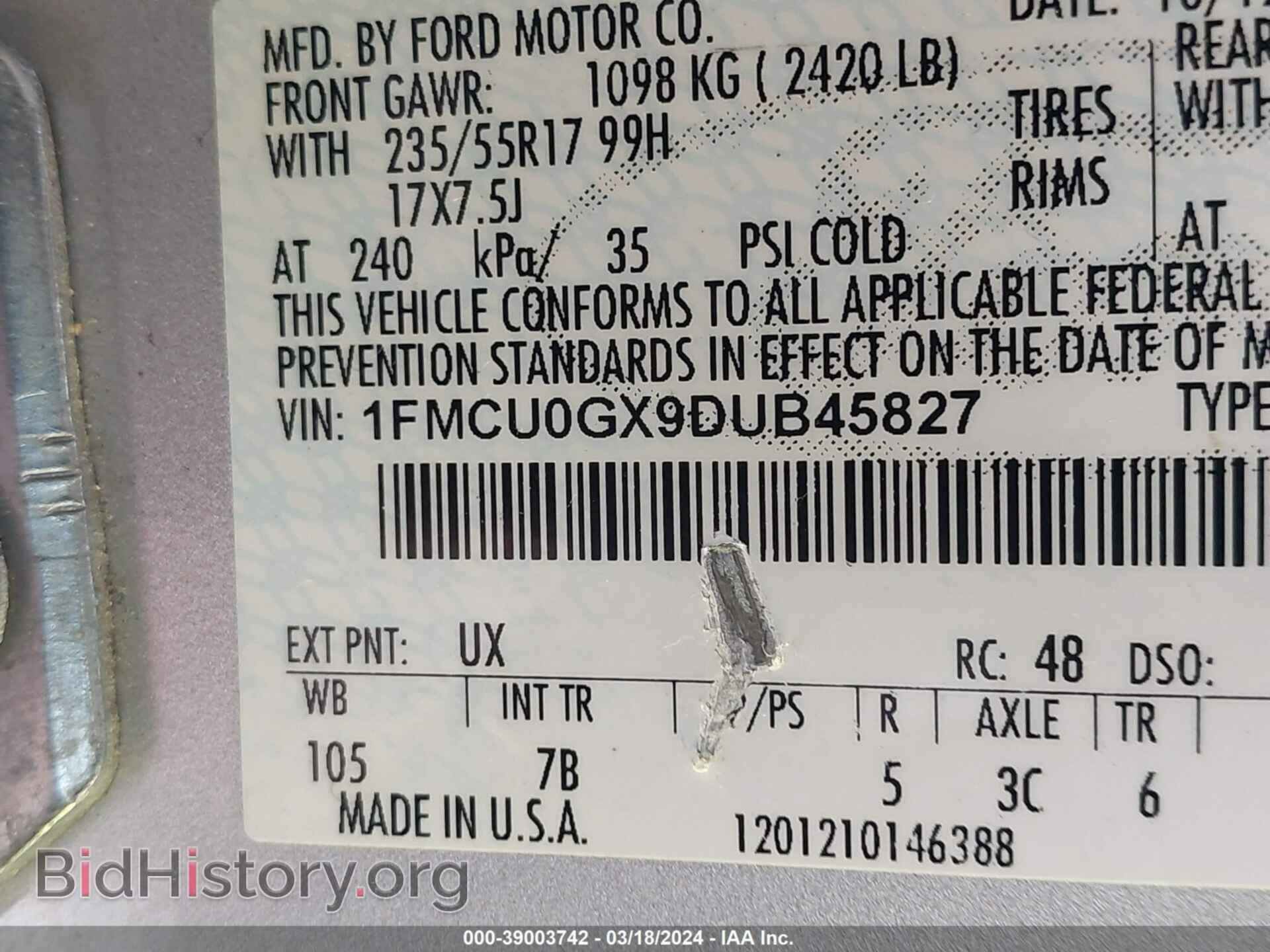 2013 FORD ESCAPE - VIN: 1FMCU0GX9DUB45827 - Фото 9