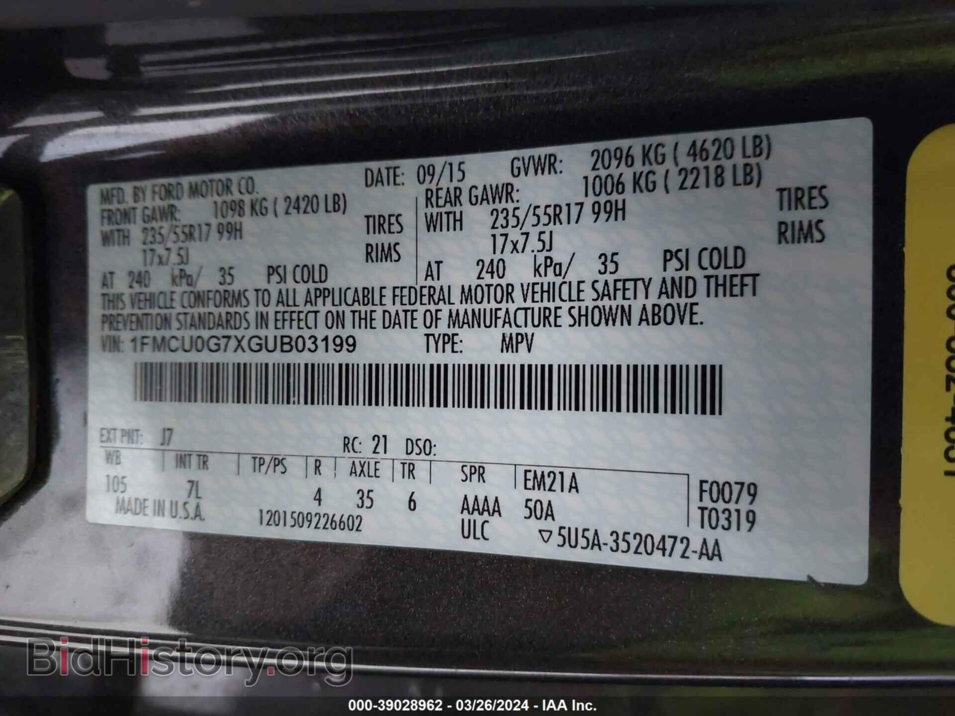 2016 FORD ESCAPE - VIN: 1FMCU0G7XGUB03199 - Фото 9