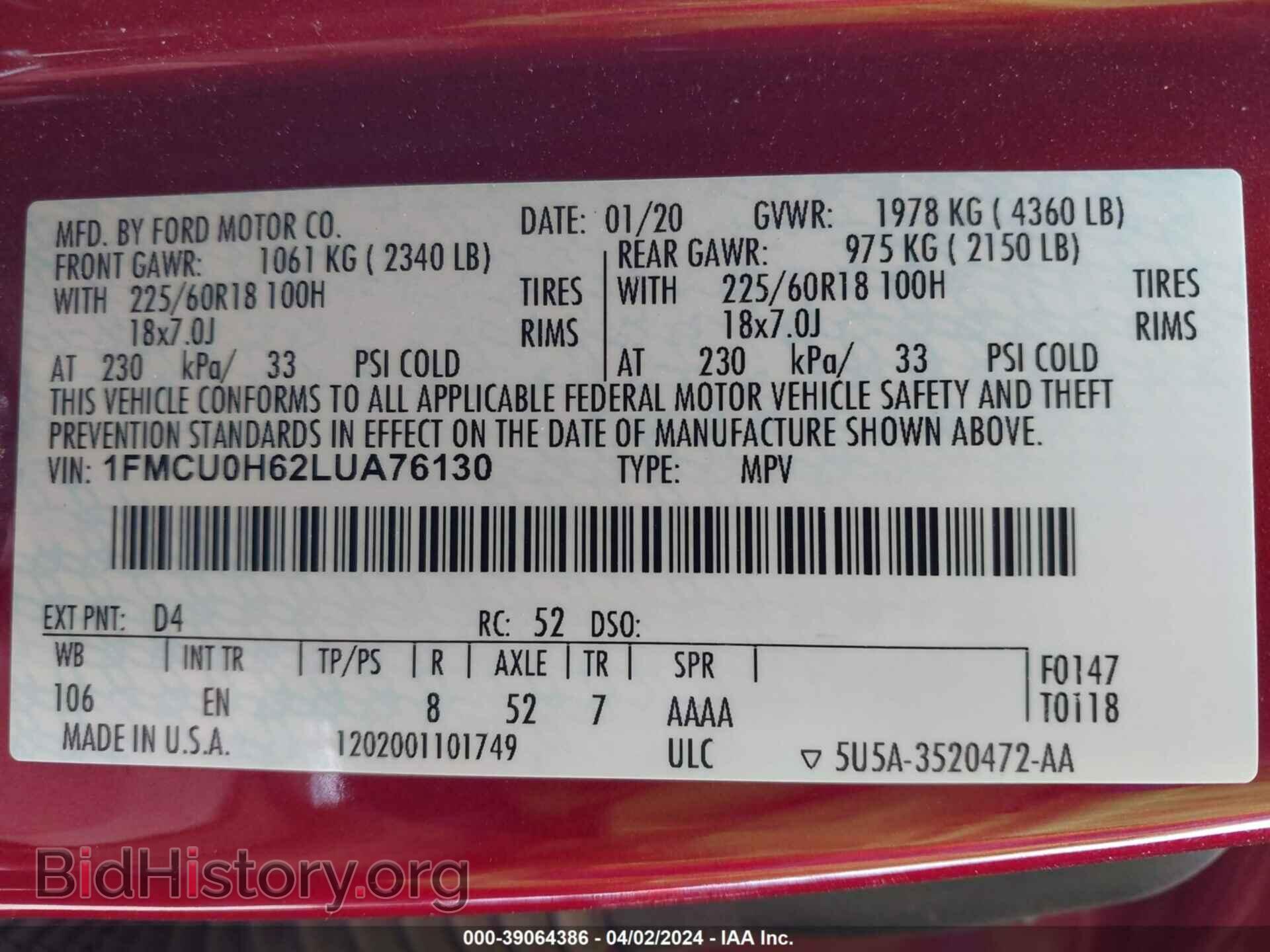 2020 FORD ESCAPE - VIN: 1FMCU0H62LUA76130 - Photo 9