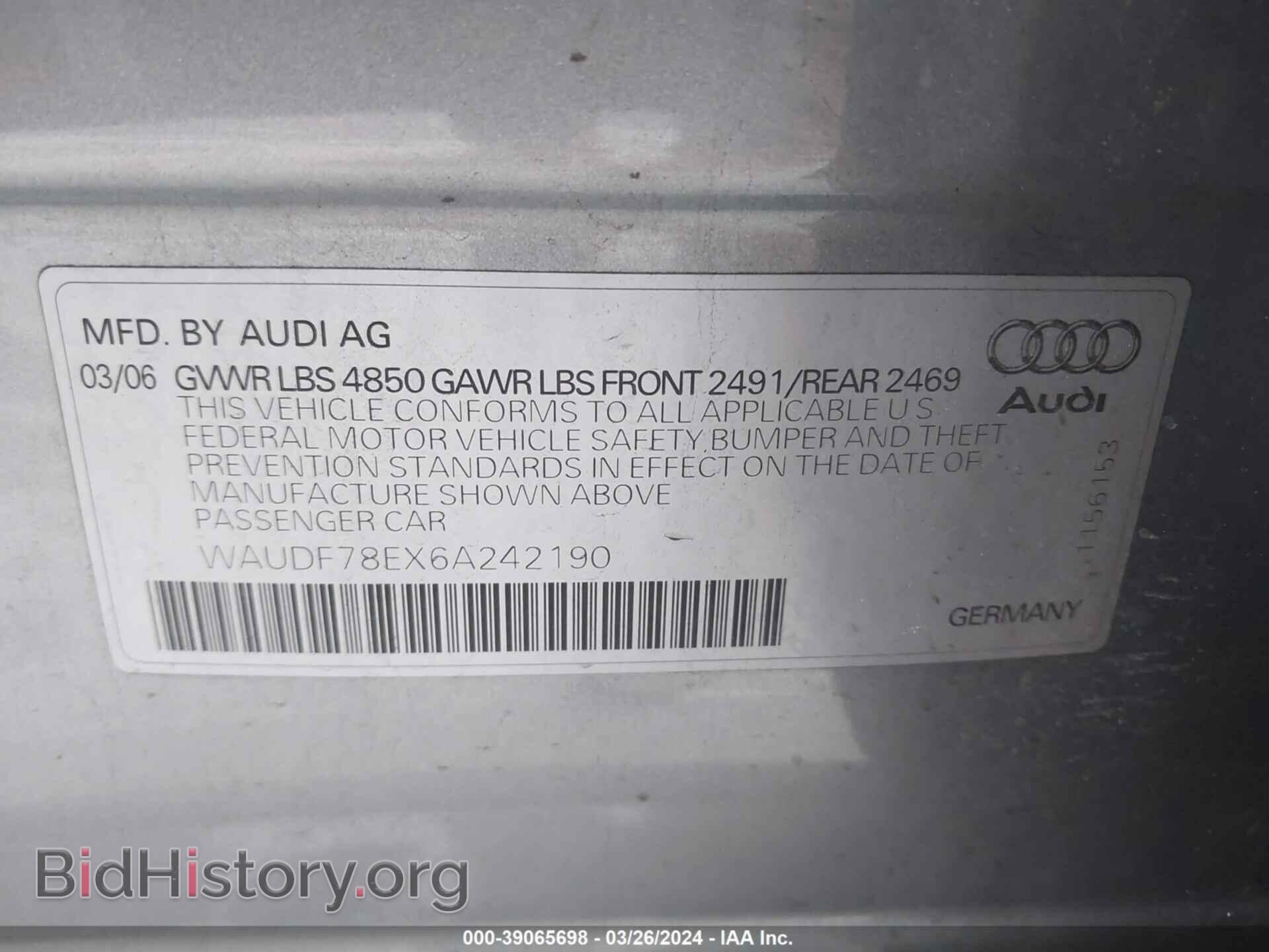 2006 AUDI A4 - VIN: WAUDF78EX6A242190 - Фото 9