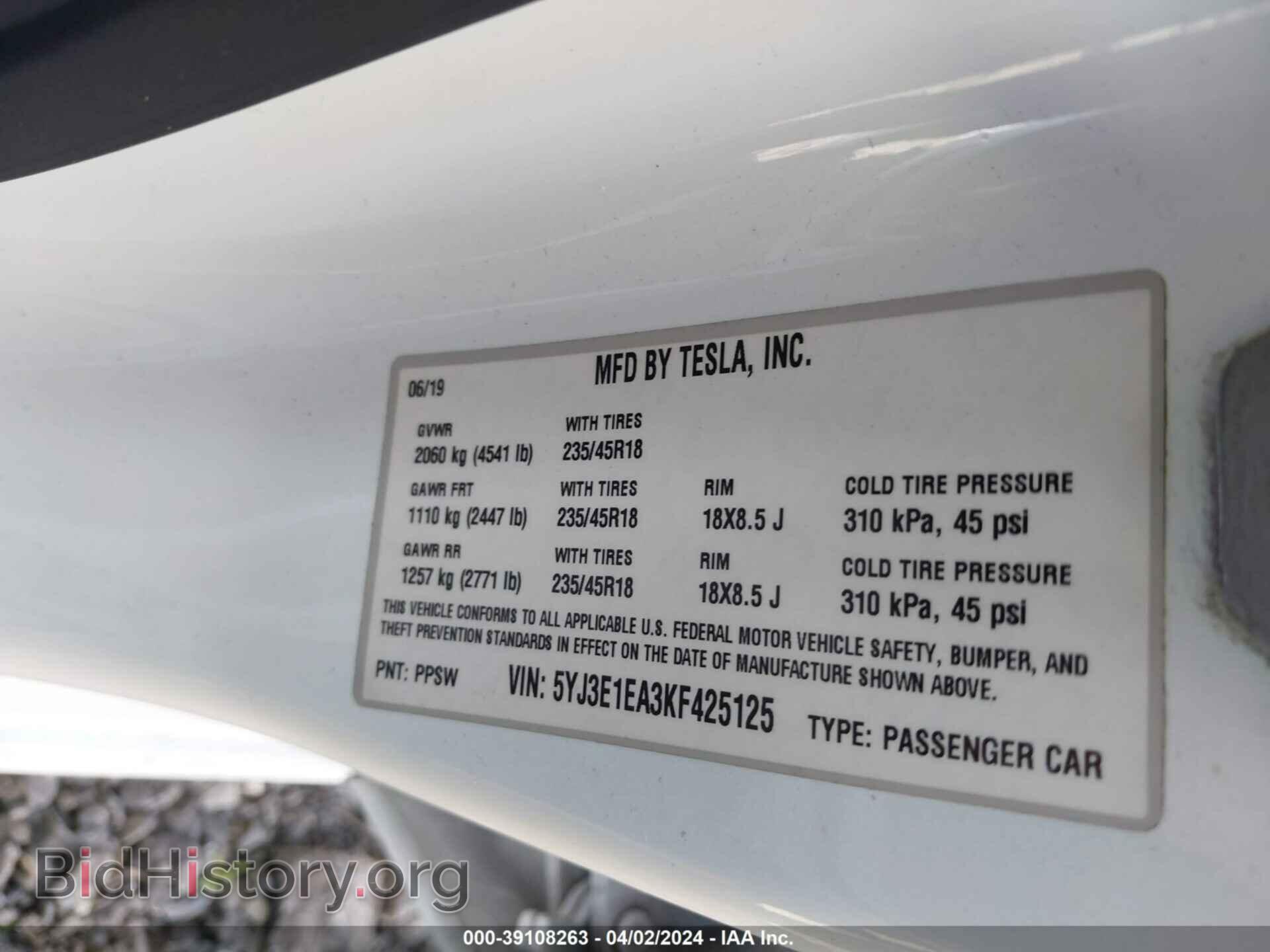 2019 TESLA MODEL 3 - VIN: 5YJ3E1EA3KF425125 - Фото 9
