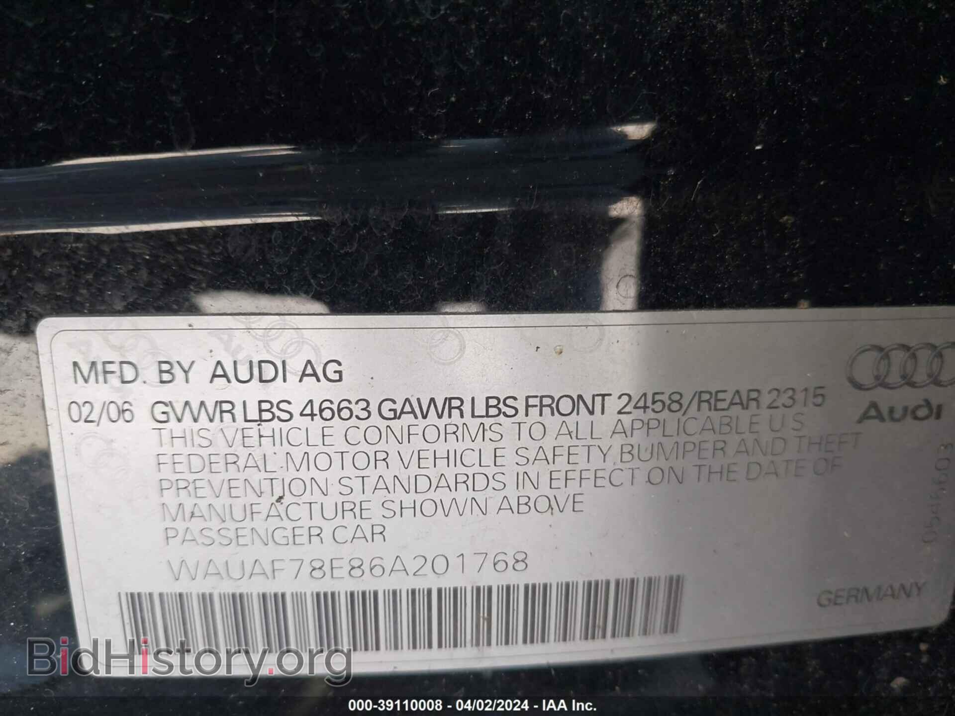 2006 AUDI A4 - VIN: WAUAF78E86A201768 - Photo 9