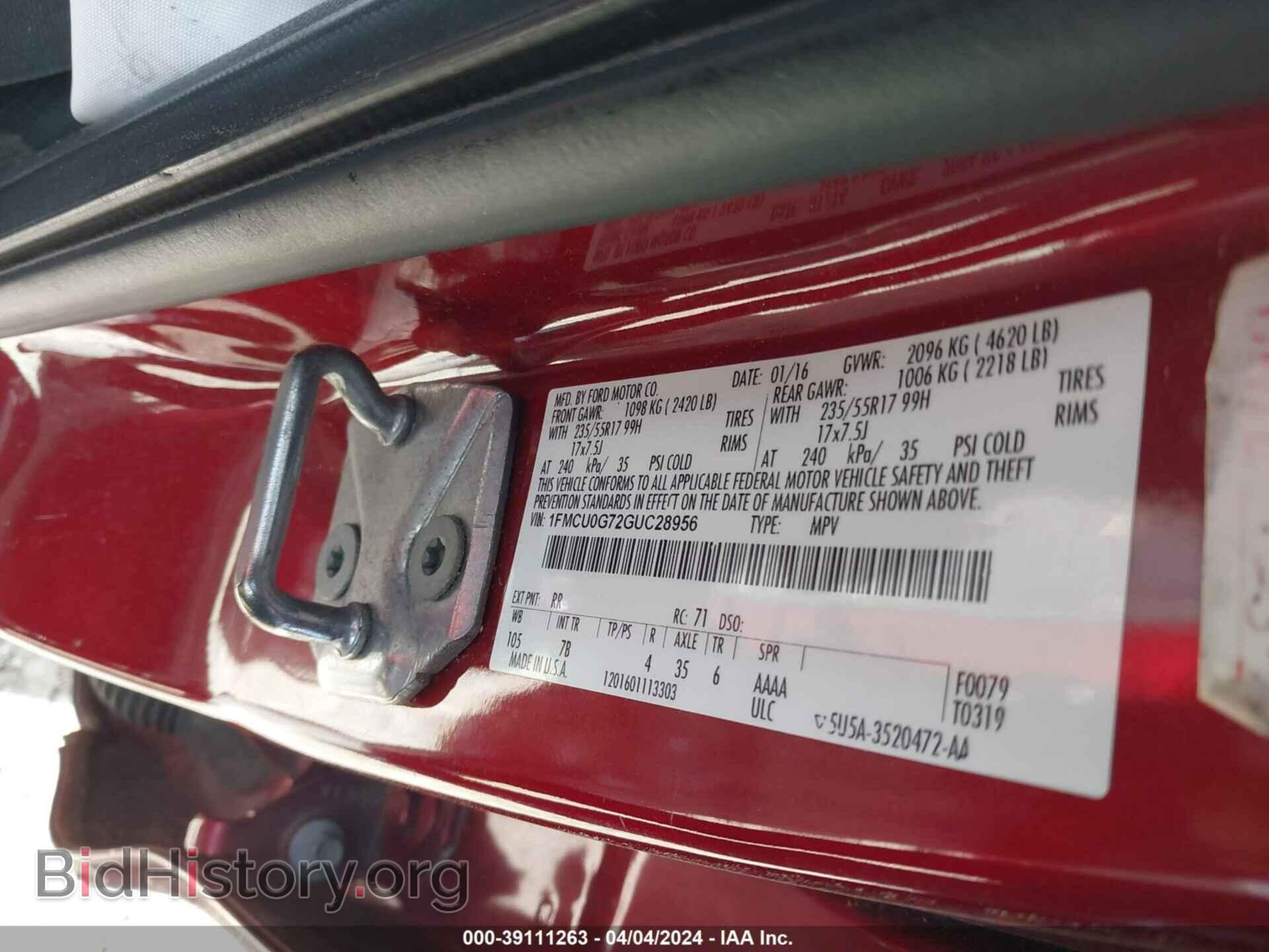 2016 FORD ESCAPE - VIN: 1FMCU0G72GUC28956 - Фото 9