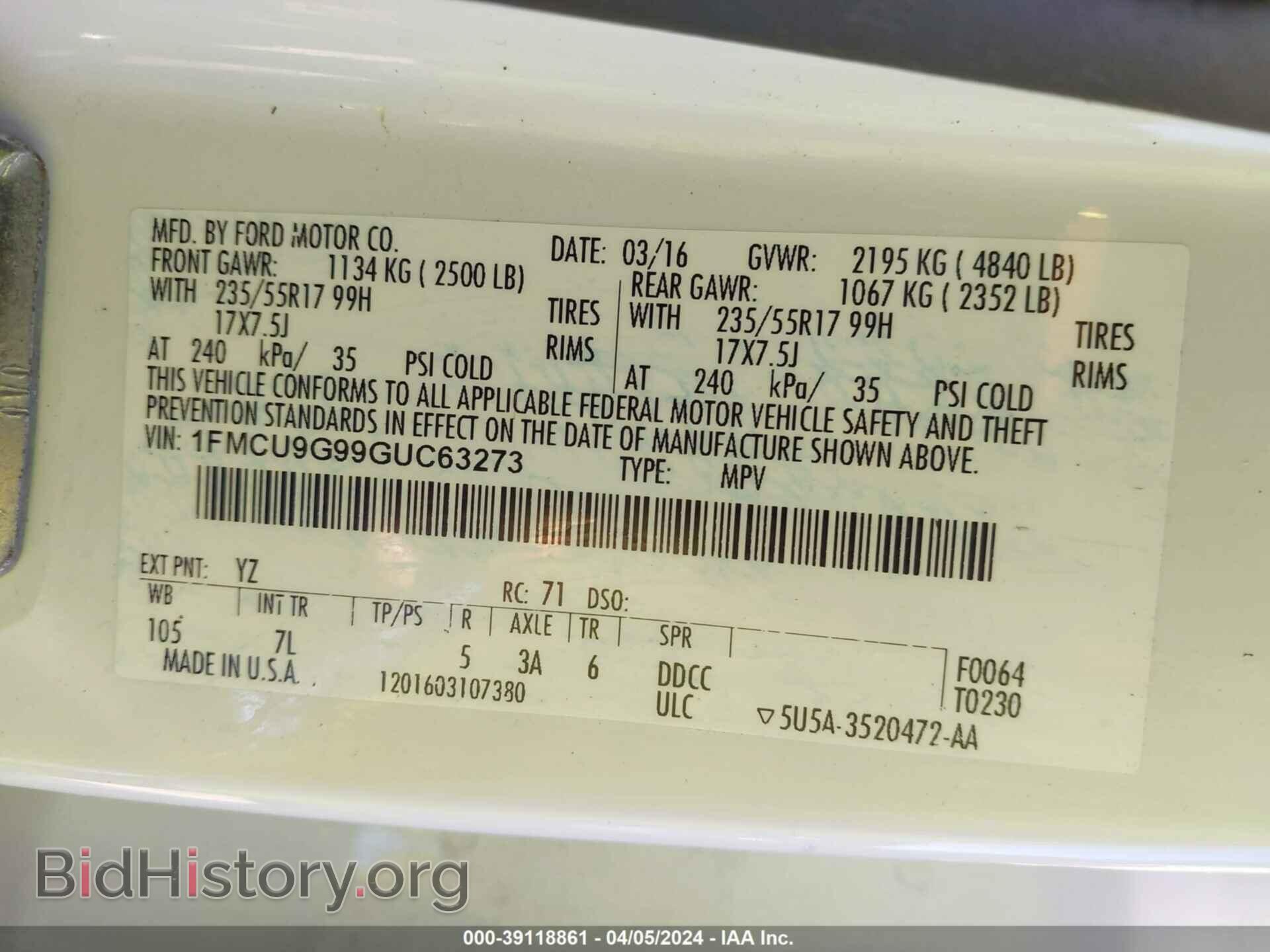 2016 FORD ESCAPE - VIN: 1FMCU9G99GUC63273 - Фото 9