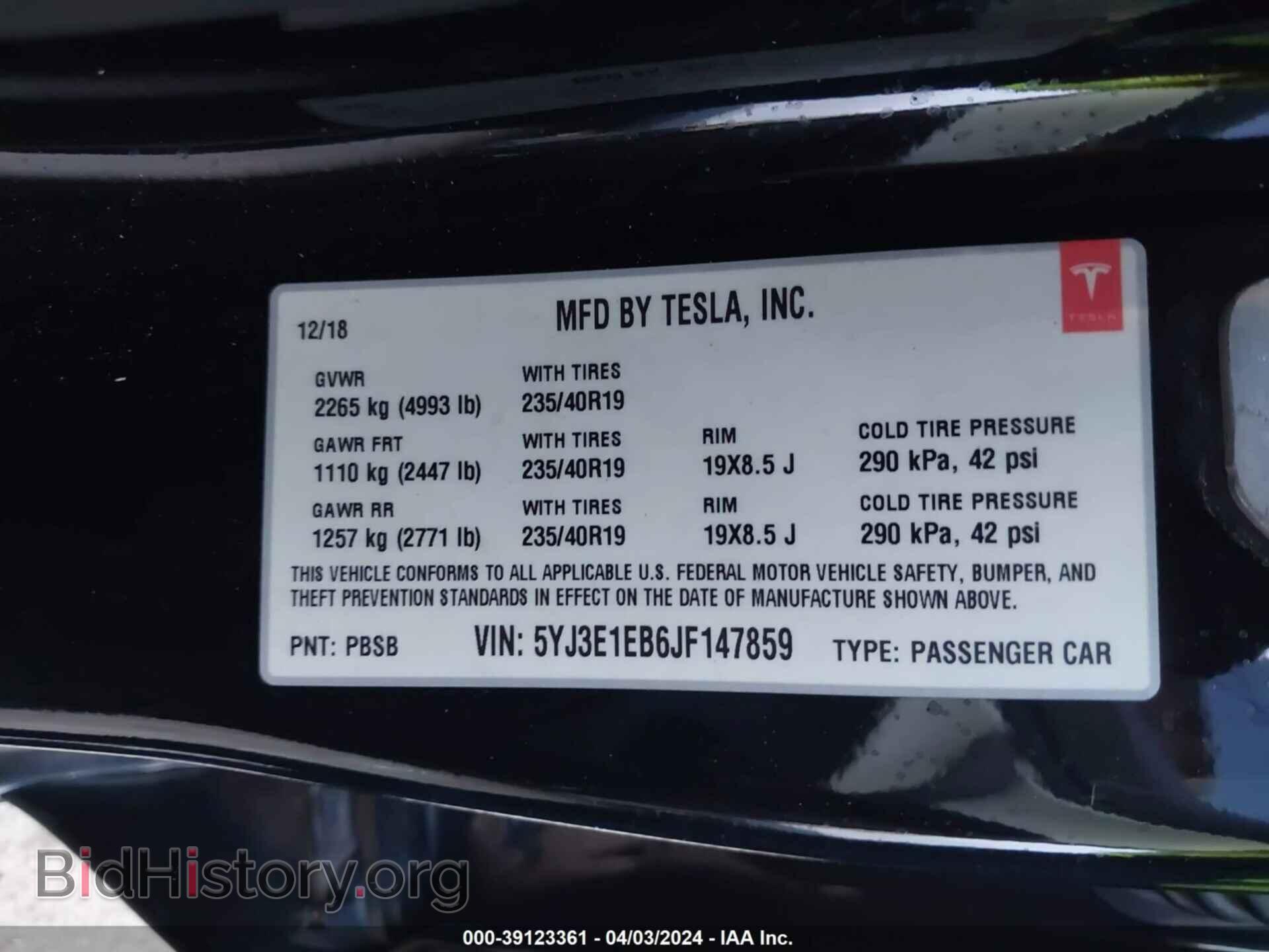 2018 TESLA MODEL 3 - VIN: 5YJ3E1EB6JF147859 - Фото 9