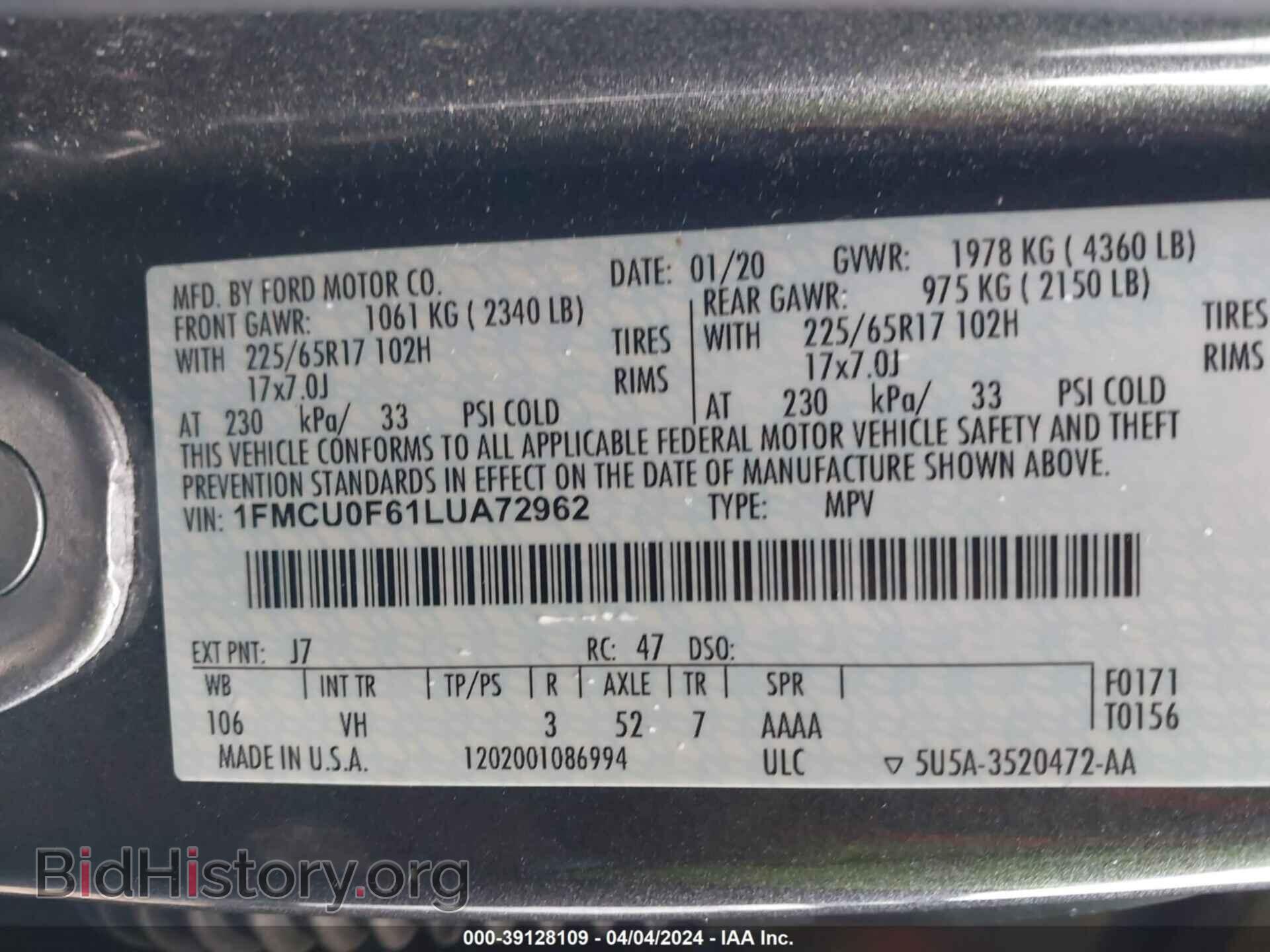 2020 FORD ESCAPE - VIN: 1FMCU0F61LUA72962 - Photo 9