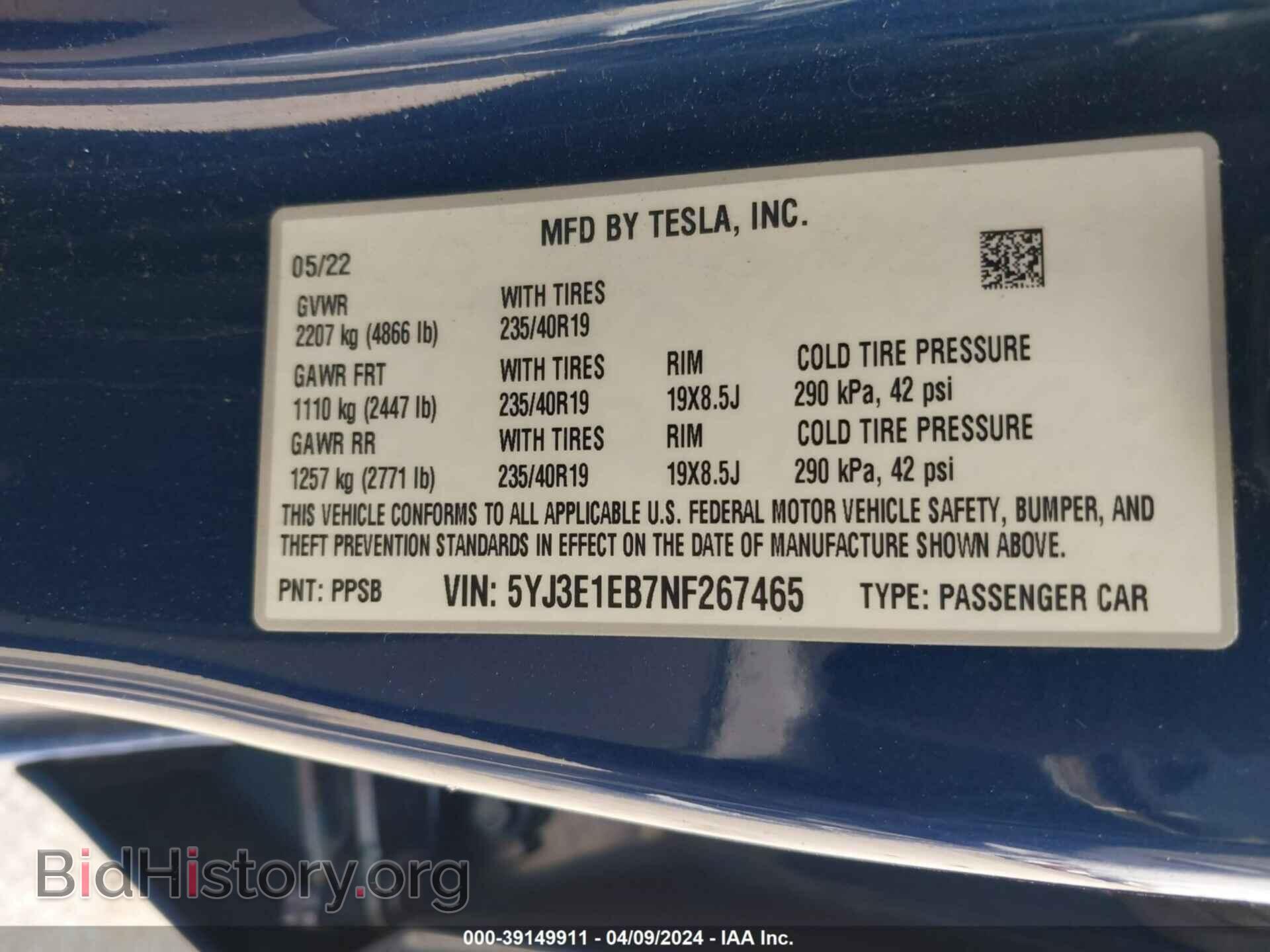 2022 TESLA MODEL 3 - VIN: 5YJ3E1EB7NF267465 - Фото 9