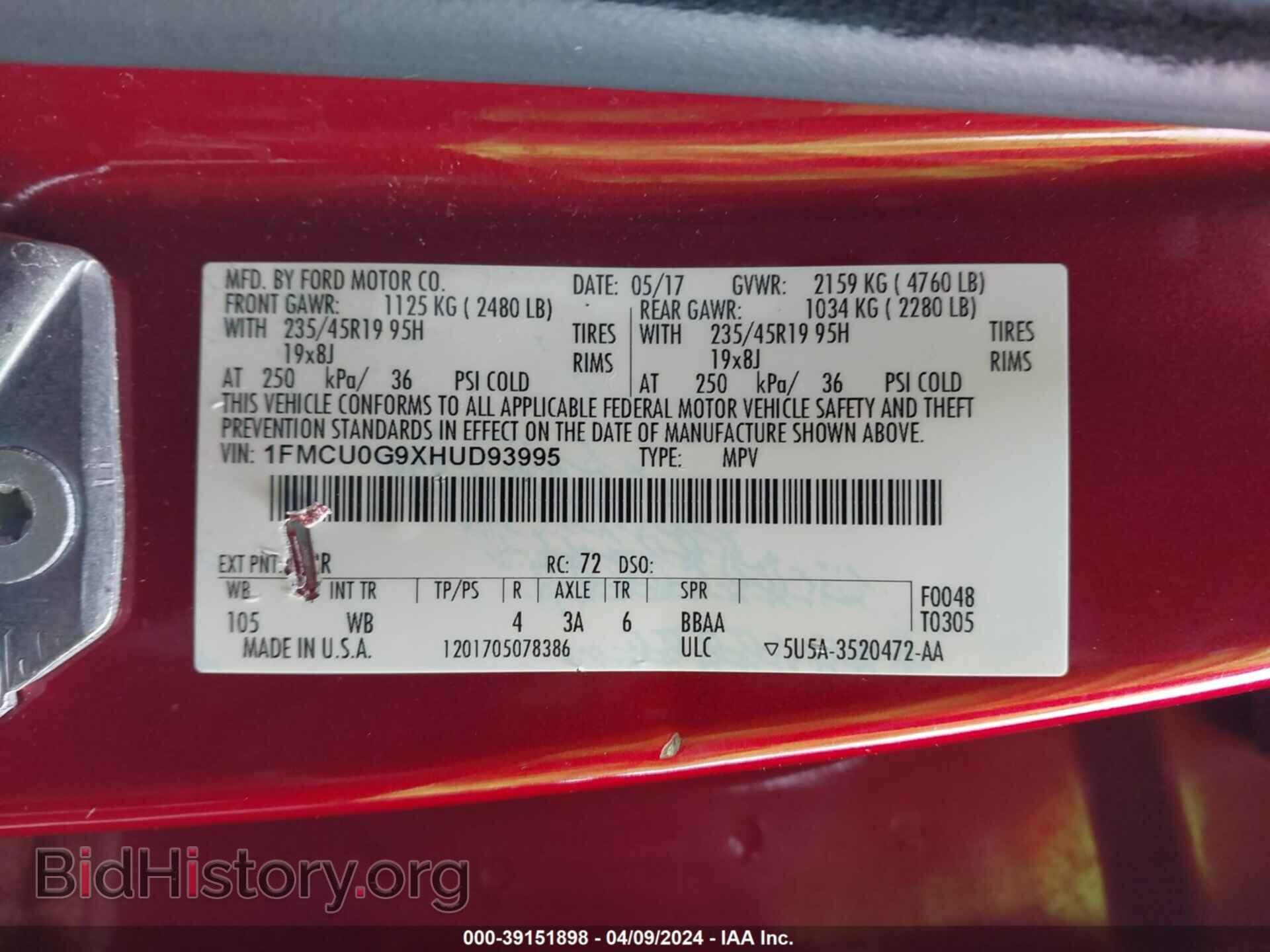 2017 FORD ESCAPE - VIN: 1FMCU0G9XHUD93995 - Фото 9