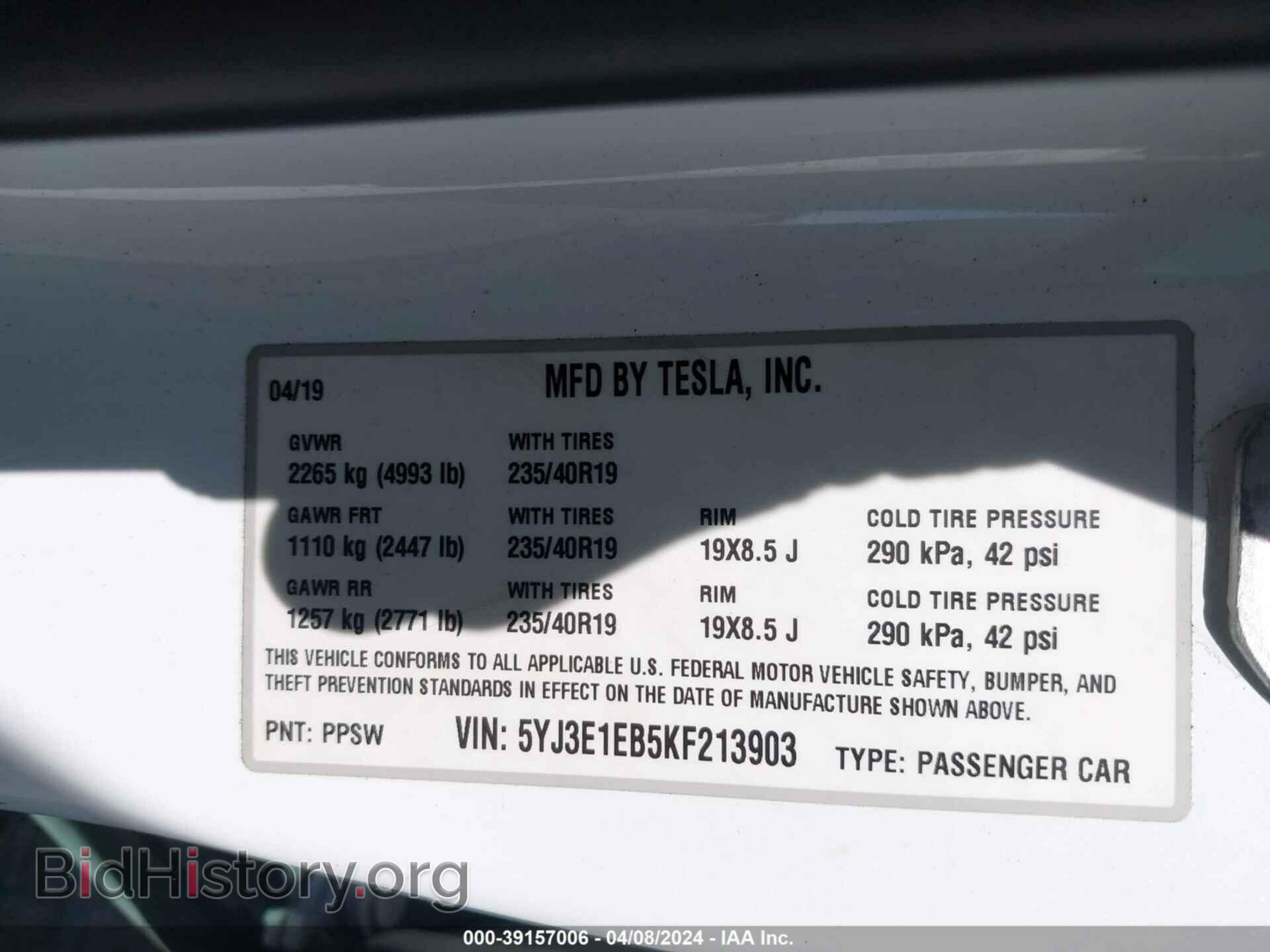 2019 TESLA MODEL 3 - VIN: 5YJ3E1EB5KF213903 - Фото 9