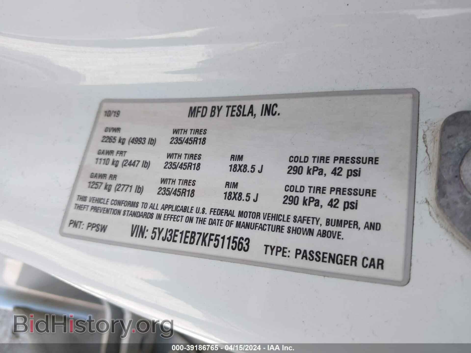2019 TESLA MODEL 3 - VIN: 5YJ3E1EB7KF511563 - Фото 9