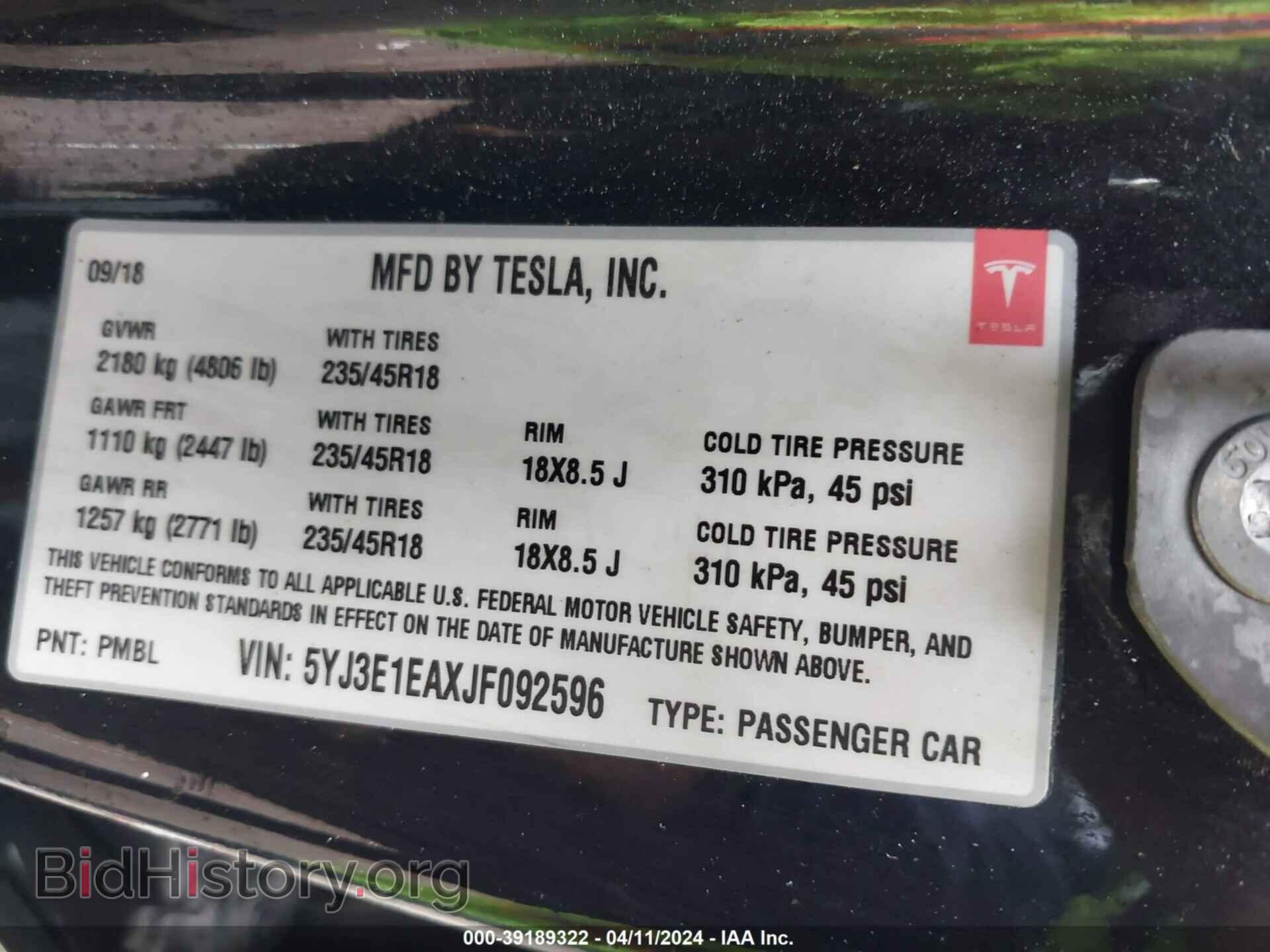 2018 TESLA MODEL 3 - VIN: 5YJ3E1EAXJF092596 - Фото 9