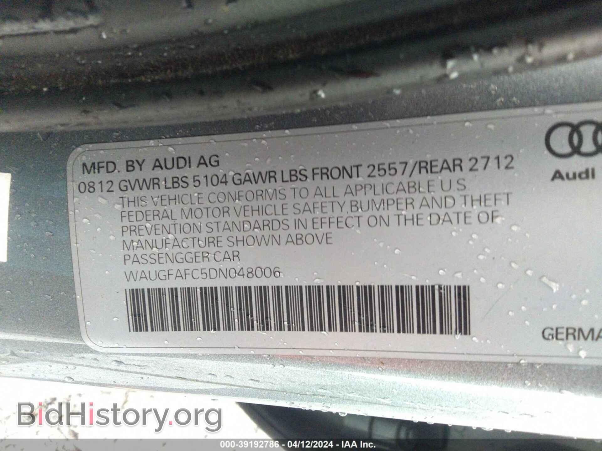 2013 AUDI A6 - VIN: WAUGFAFC5DN048006 - Фото 9